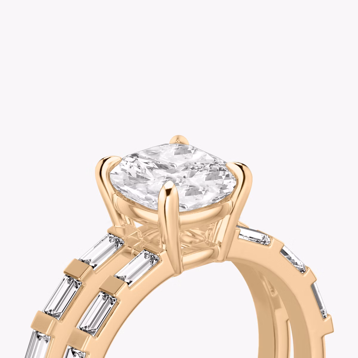 The Double Band | Cushion | 14k | Rose Gold | bandAccent: Pavé | bandStoneShape: Baguette | diamondOrientation: vertical | caratWeight: other