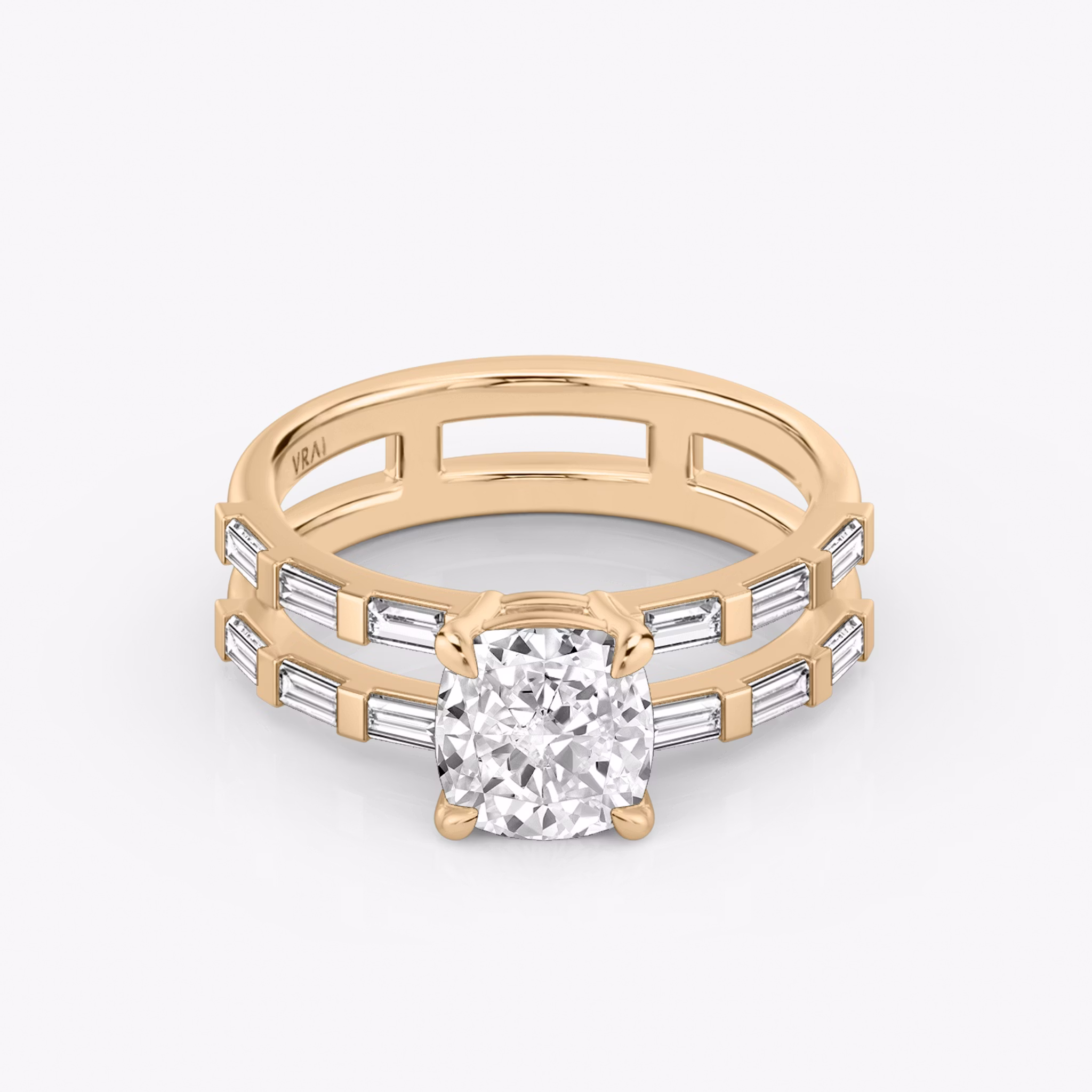 The Double Band | Cushion | 14k | Rose Gold | bandAccent: Pavé | bandStoneShape: Baguette | diamondOrientation: vertical | caratWeight: other