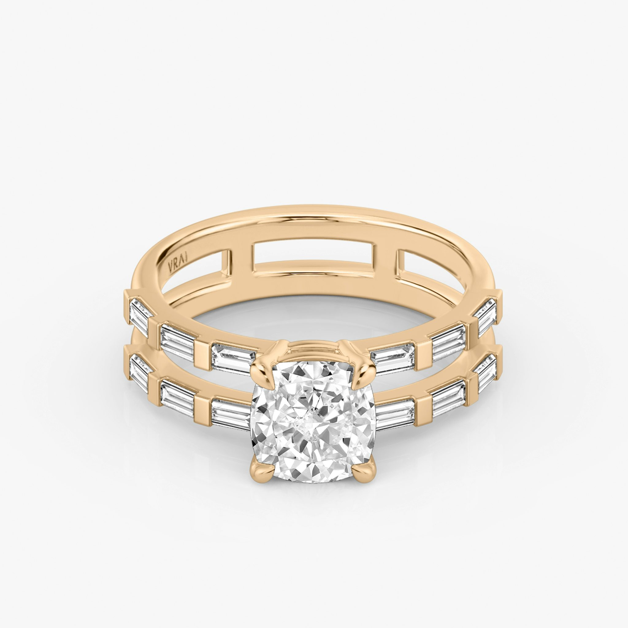 The Double Band | Cushion | 14k | Rose Gold | bandAccent: Pavé | bandStoneShape: Baguette | diamondOrientation: vertical | caratWeight: other