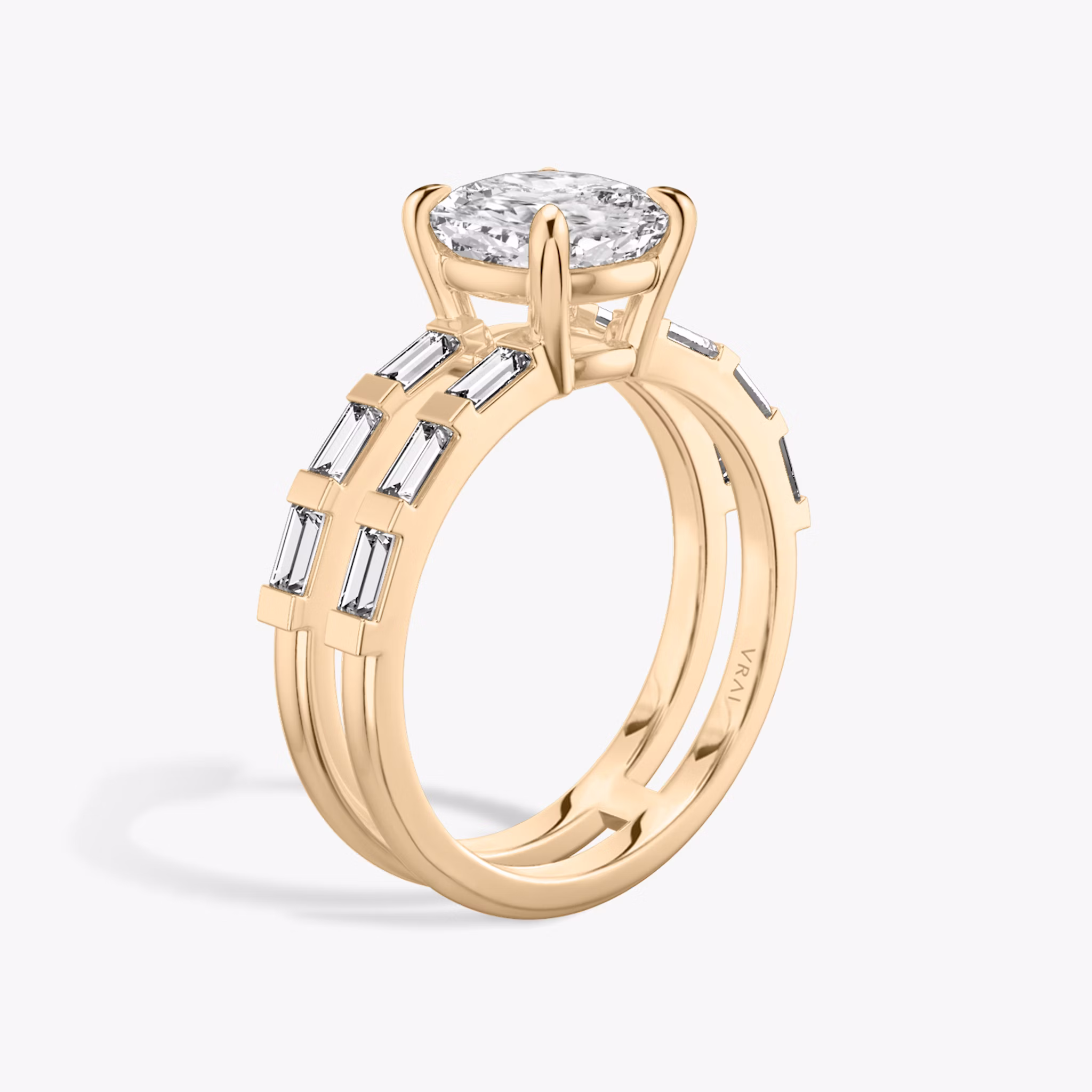 The Double Band | Cushion | 14k | Rose Gold | bandAccent: Pavé | bandStoneShape: Baguette | diamondOrientation: vertical | caratWeight: other