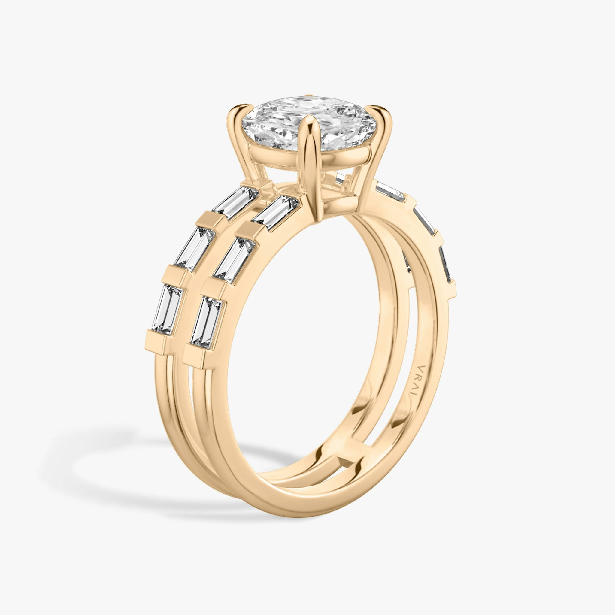 The Double Band | Cushion | 14k | Rose Gold | bandAccent: Pavé | bandStoneShape: Baguette | diamondOrientation: vertical | caratWeight: other