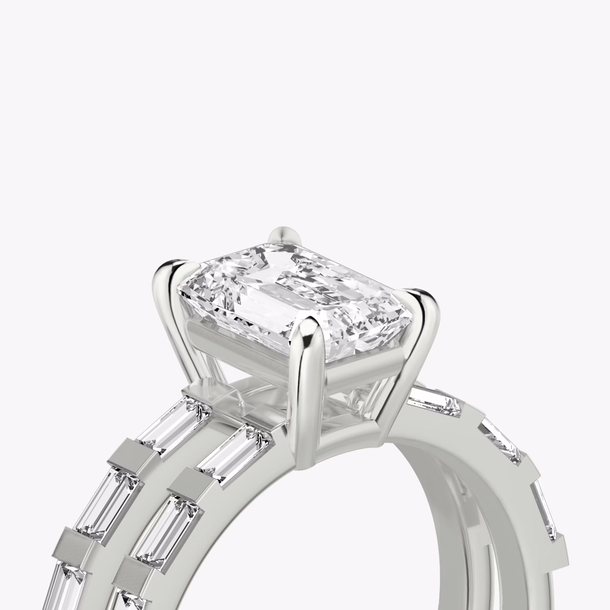 The Double Band | Emerald | Platinum | bandAccent: Pavé | bandStoneShape: Baguette | diamondOrientation: vertical | caratWeight: other