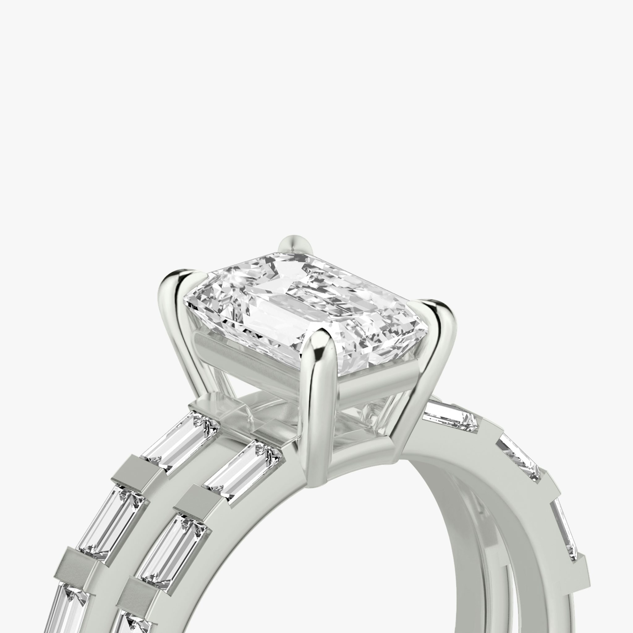 The Double Band | Emerald | Platinum | bandAccent: Pavé | bandStoneShape: Baguette | diamondOrientation: vertical | caratWeight: other