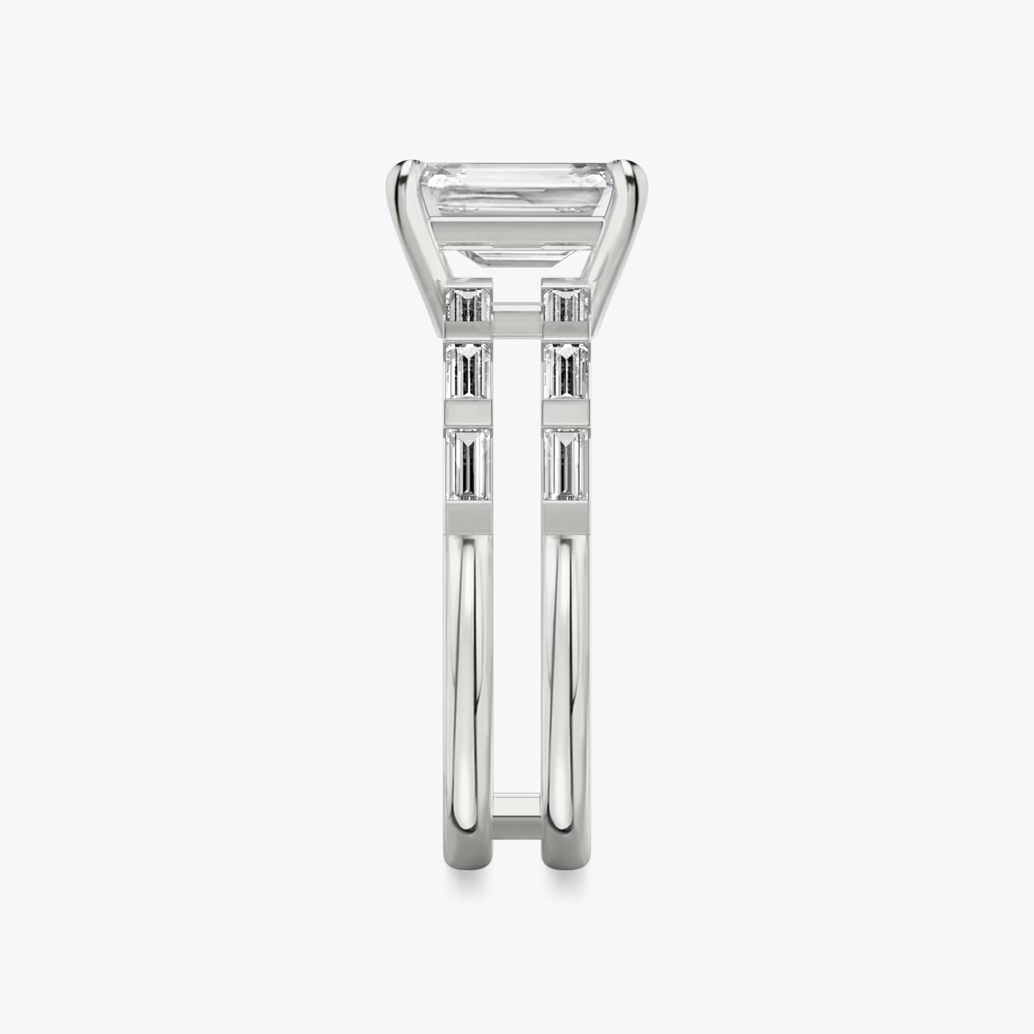 The Double Band | Emerald | Platinum | bandAccent: Pavé | bandStoneShape: Baguette | diamondOrientation: vertical | caratWeight: other
