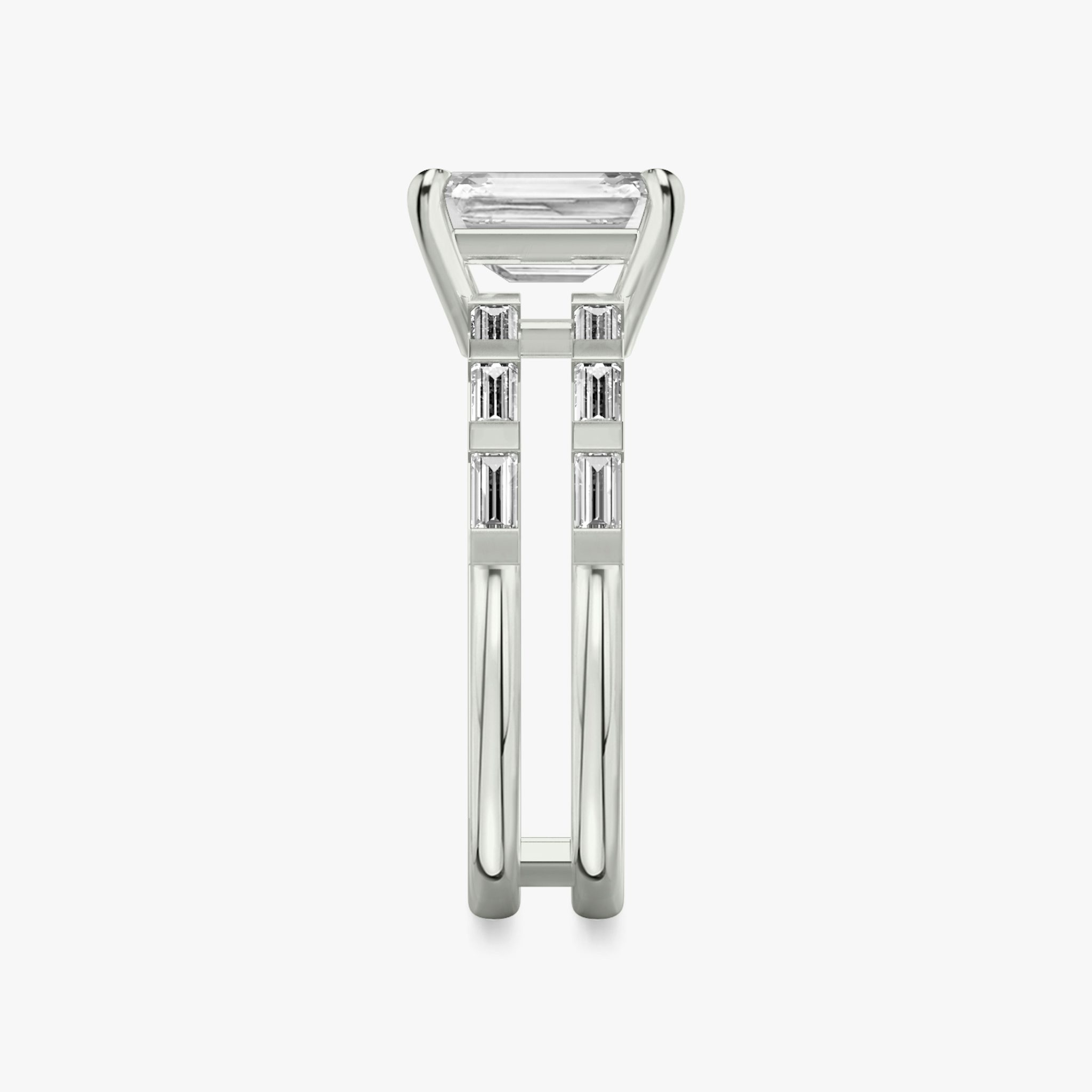 The Double Band | Emerald | Platinum | bandAccent: Pavé | bandStoneShape: Baguette | diamondOrientation: vertical | caratWeight: other
