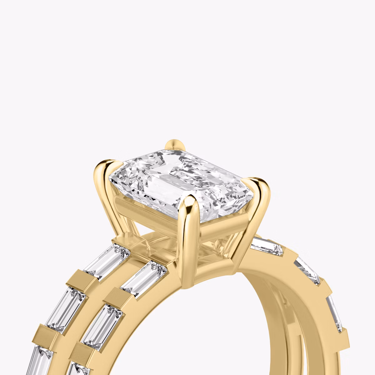 The Double Band | Emerald | 18k | Yellow Gold | bandAccent: Pavé | bandStoneShape: Baguette | diamondOrientation: vertical | caratWeight: other