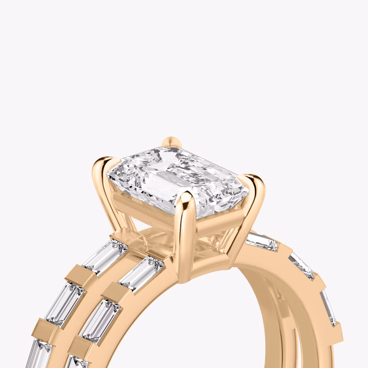The Double Band | Emerald | 14k | Rose Gold | bandAccent: Pavé | bandStoneShape: Baguette | diamondOrientation: vertical | caratWeight: other
