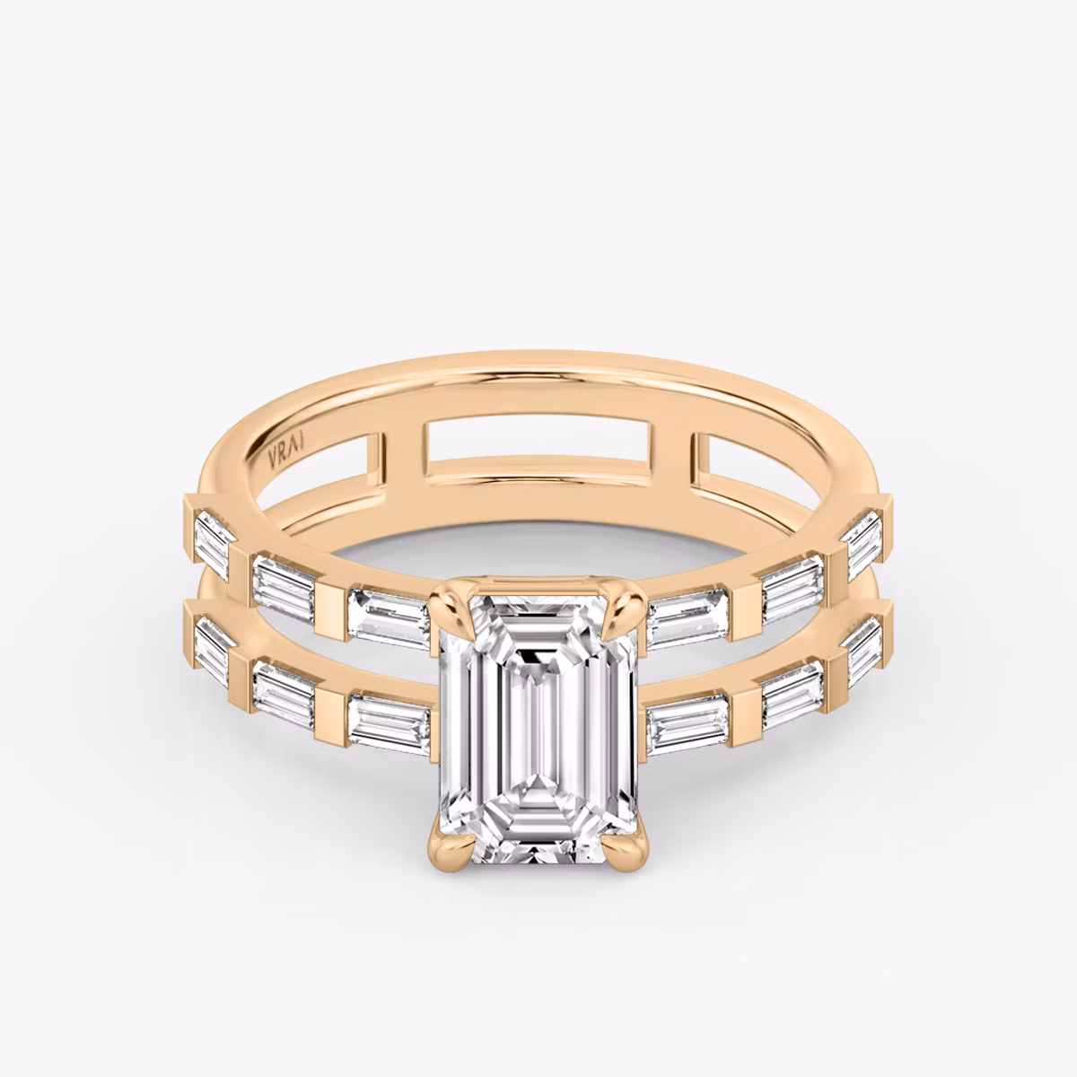 The Double Band | Emerald | 14k | Rose Gold | bandAccent: Pavé | bandStoneShape: Baguette | diamondOrientation: vertical | caratWeight: other