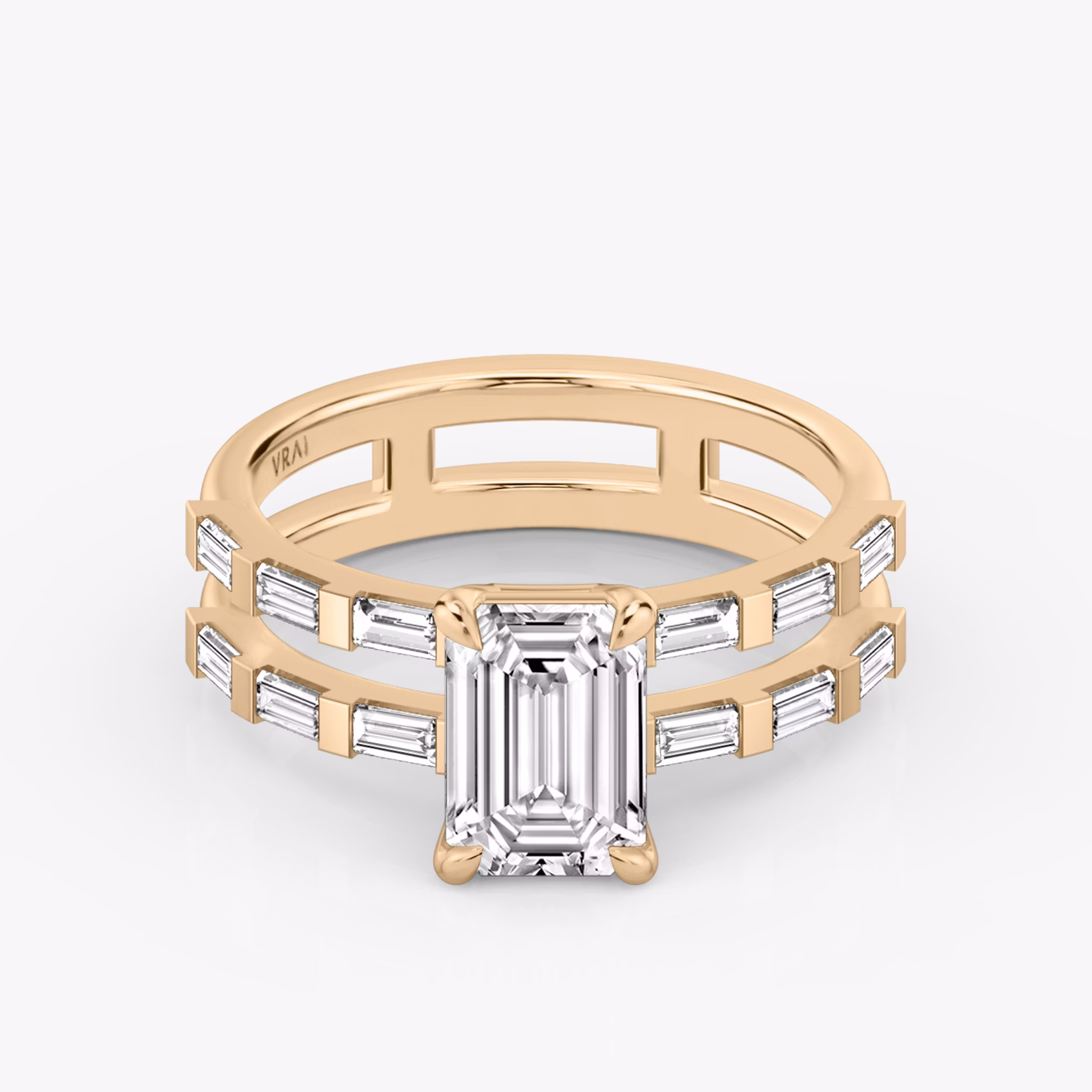 The Double Band | Emerald | 14k | Rose Gold | bandAccent: Pavé | bandStoneShape: Baguette | diamondOrientation: vertical | caratWeight: other