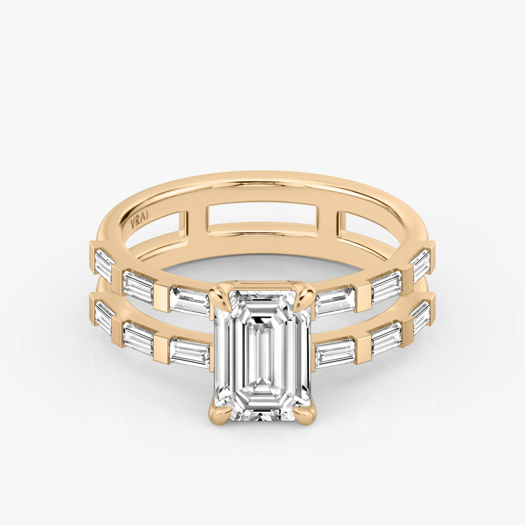 The Double Band | Emerald | 14k | Rose Gold | bandAccent: Pavé | bandStoneShape: Baguette | diamondOrientation: vertical | caratWeight: other