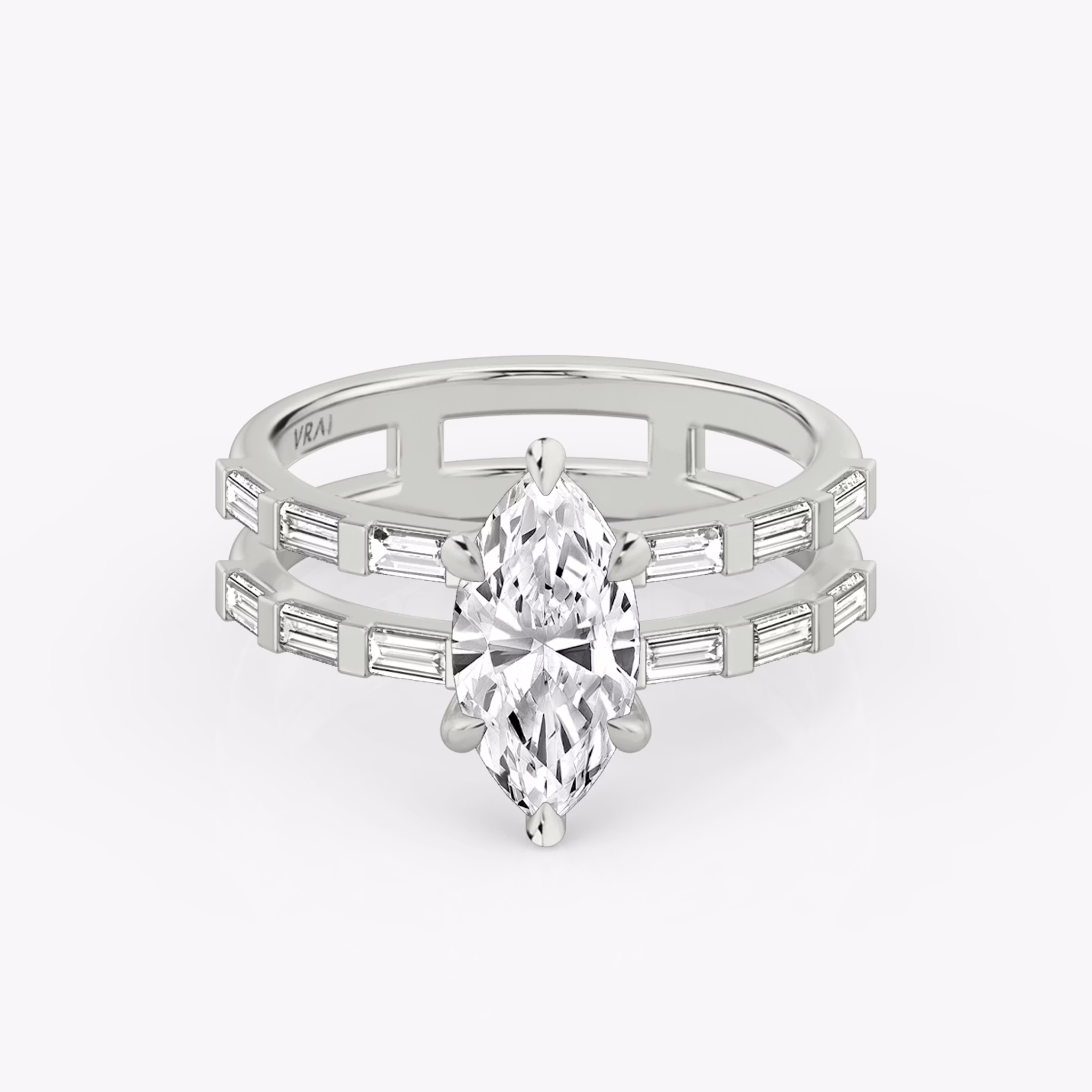 The Double Band | Marquise | Platinum | bandAccent: Pavé | bandStoneShape: Baguette | diamondOrientation: vertical | caratWeight: other
