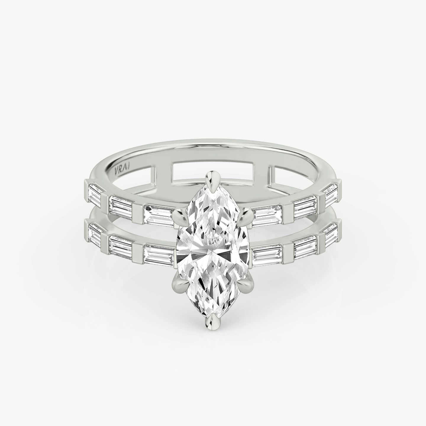 The Double Band | Marquise | Platinum | bandAccent: Pavé | bandStoneShape: Baguette | diamondOrientation: vertical | caratWeight: other