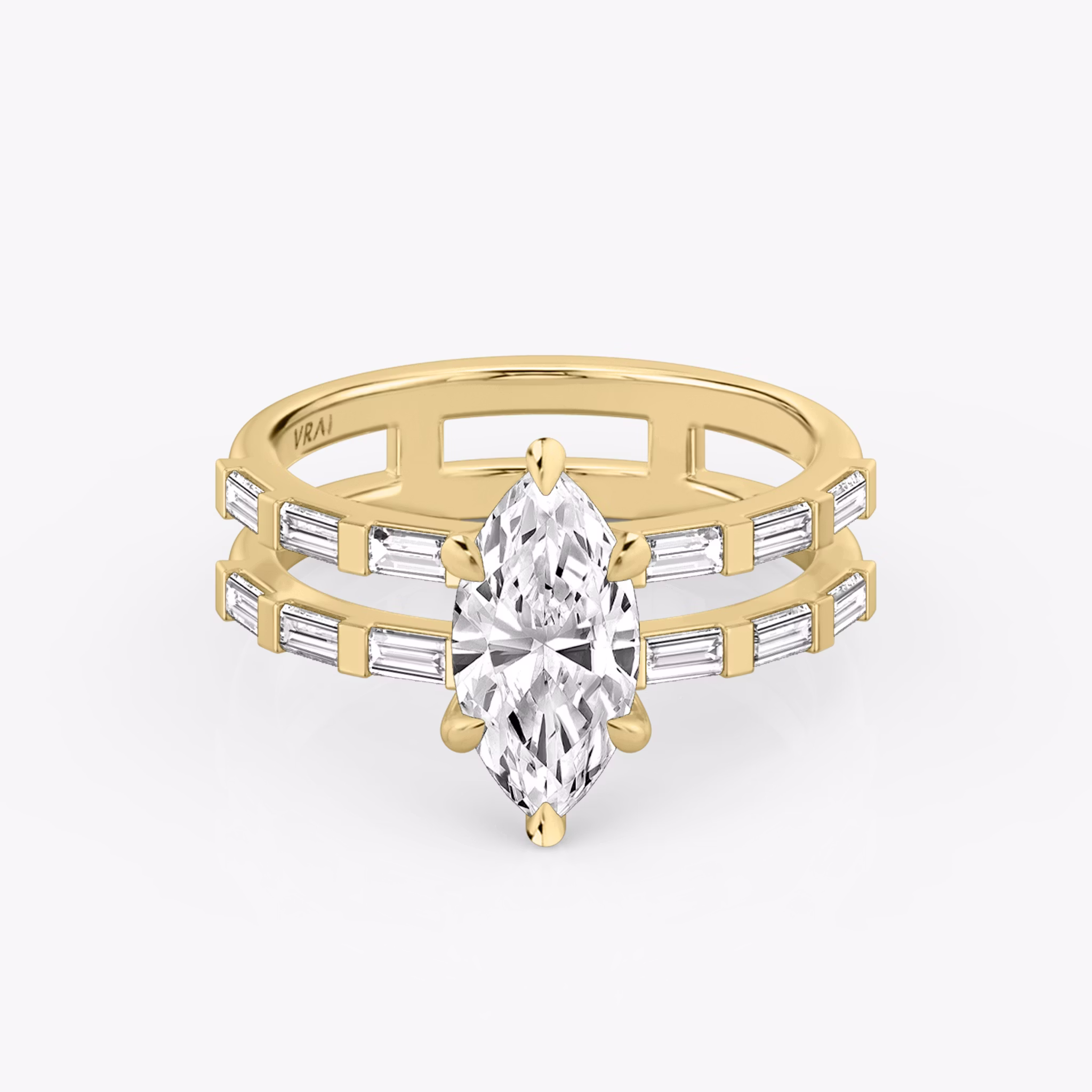 The Double Band | Marquise | 18k | Yellow Gold | bandAccent: Pavé | bandStoneShape: Baguette | diamondOrientation: vertical | caratWeight: other