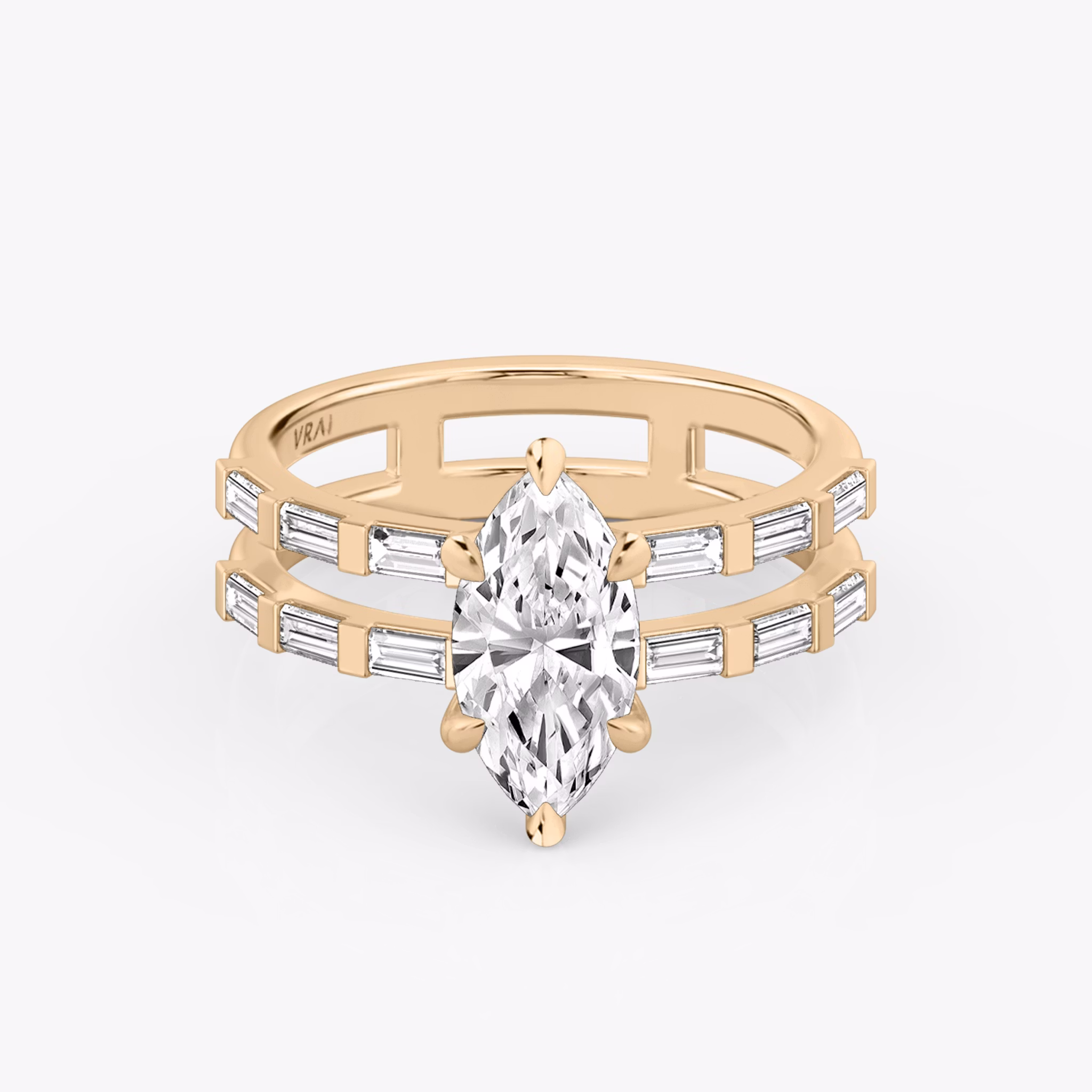 The Double Band | Marquise | 14k | Rose Gold | bandAccent: Pavé | bandStoneShape: Baguette | diamondOrientation: vertical | caratWeight: other
