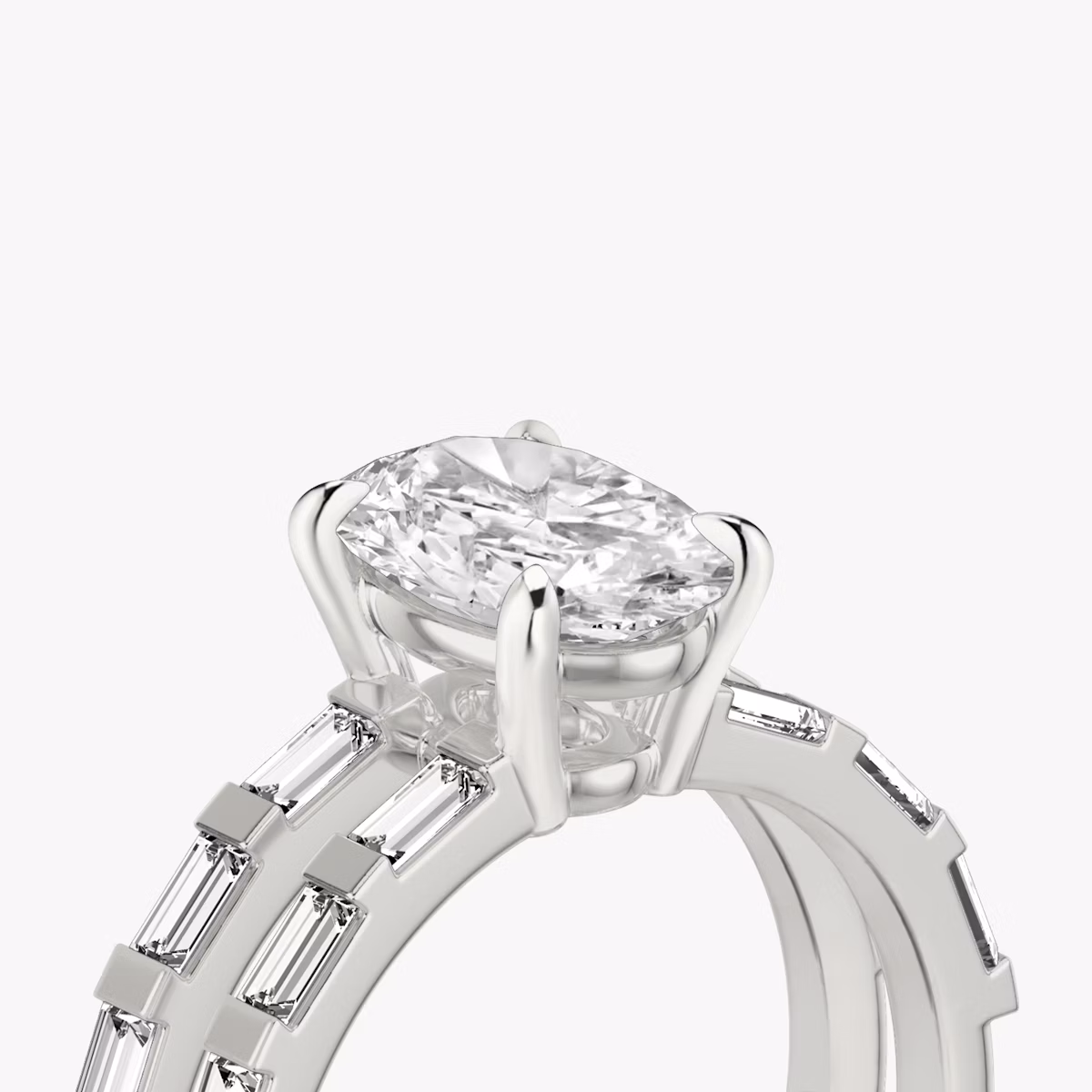The Double Band | Oval | 18k | White Gold | bandAccent: Pavé | bandStoneShape: Baguette | diamondOrientation: vertical | caratWeight: other