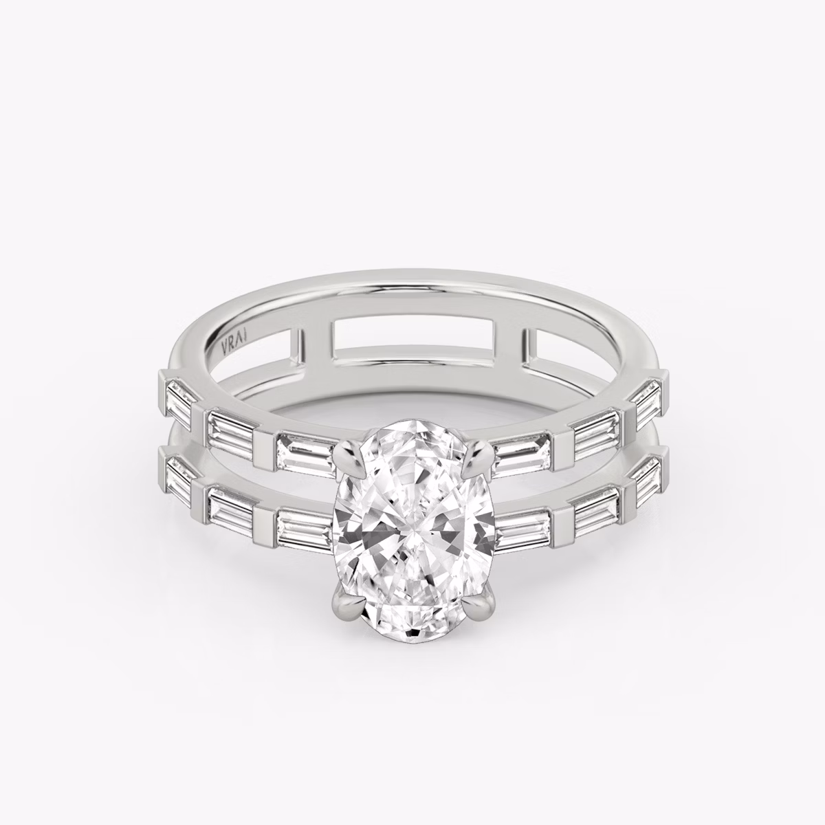 The Double Band | Oval | 18k | White Gold | bandAccent: Pavé | bandStoneShape: Baguette | diamondOrientation: vertical | caratWeight: other
