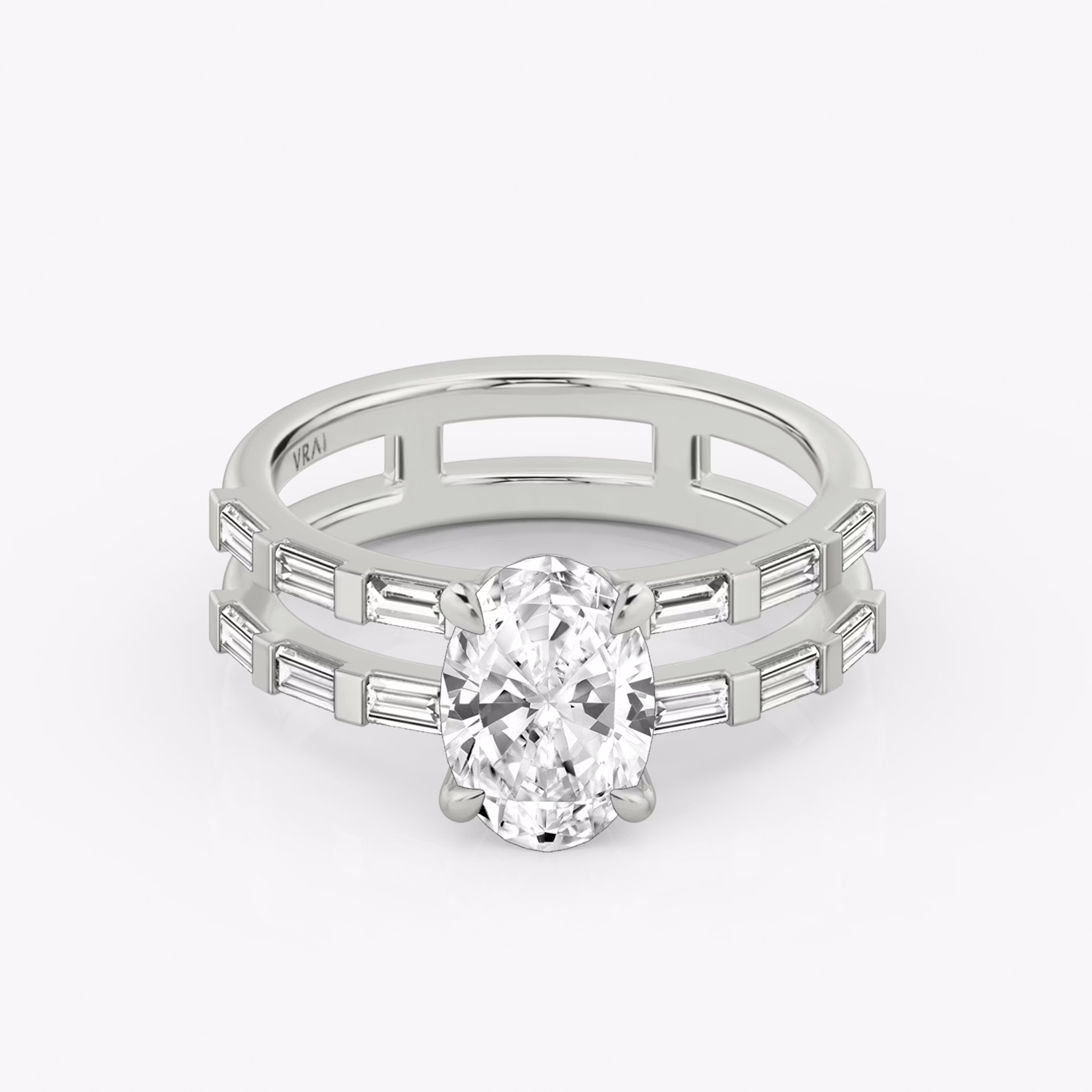 The Double Band | Oval | Platinum | bandAccent: Pavé | bandStoneShape: Baguette | diamondOrientation: vertical | caratWeight: other