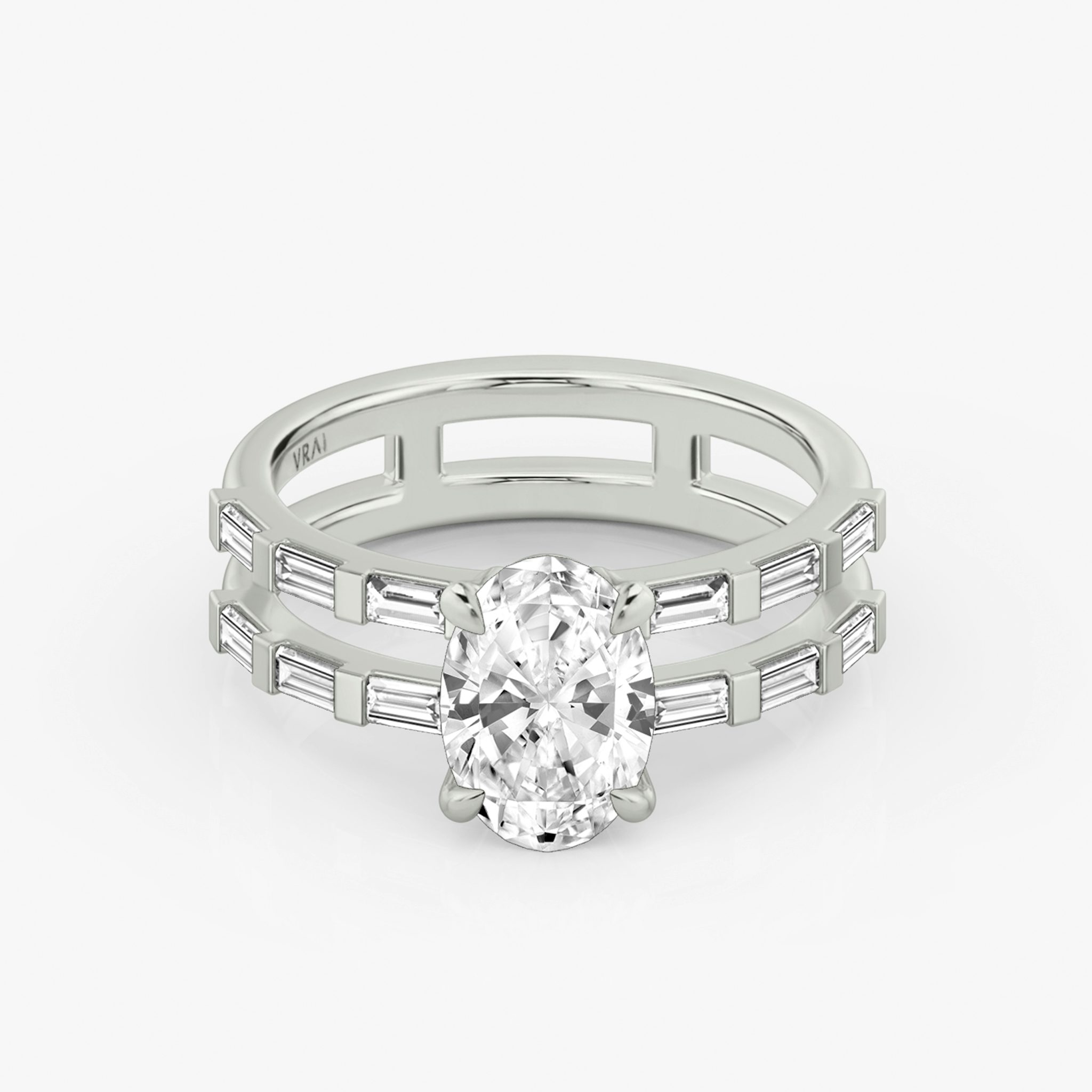 The Double Band | Oval | Platinum | bandAccent: Pavé | bandStoneShape: Baguette | diamondOrientation: vertical | caratWeight: other