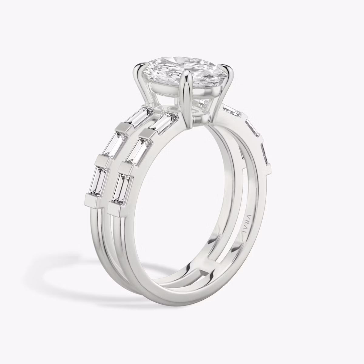 The Double Band | Oval | 18k | White Gold | bandAccent: Pavé | bandStoneShape: Baguette | diamondOrientation: vertical | caratWeight: other