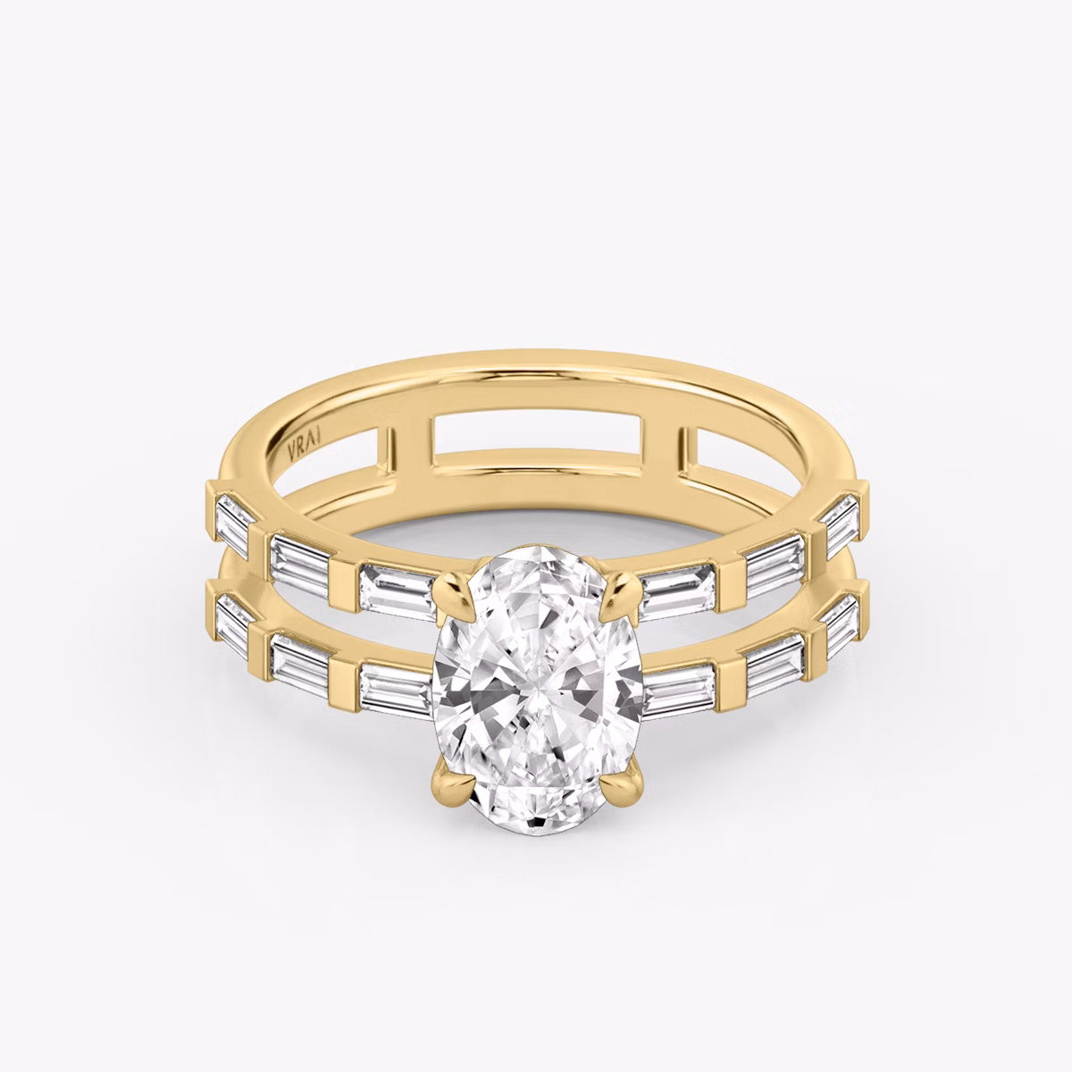 The Double Band | Oval | 18k | Yellow Gold | bandAccent: Pavé | bandStoneShape: Baguette | diamondOrientation: vertical | caratWeight: other