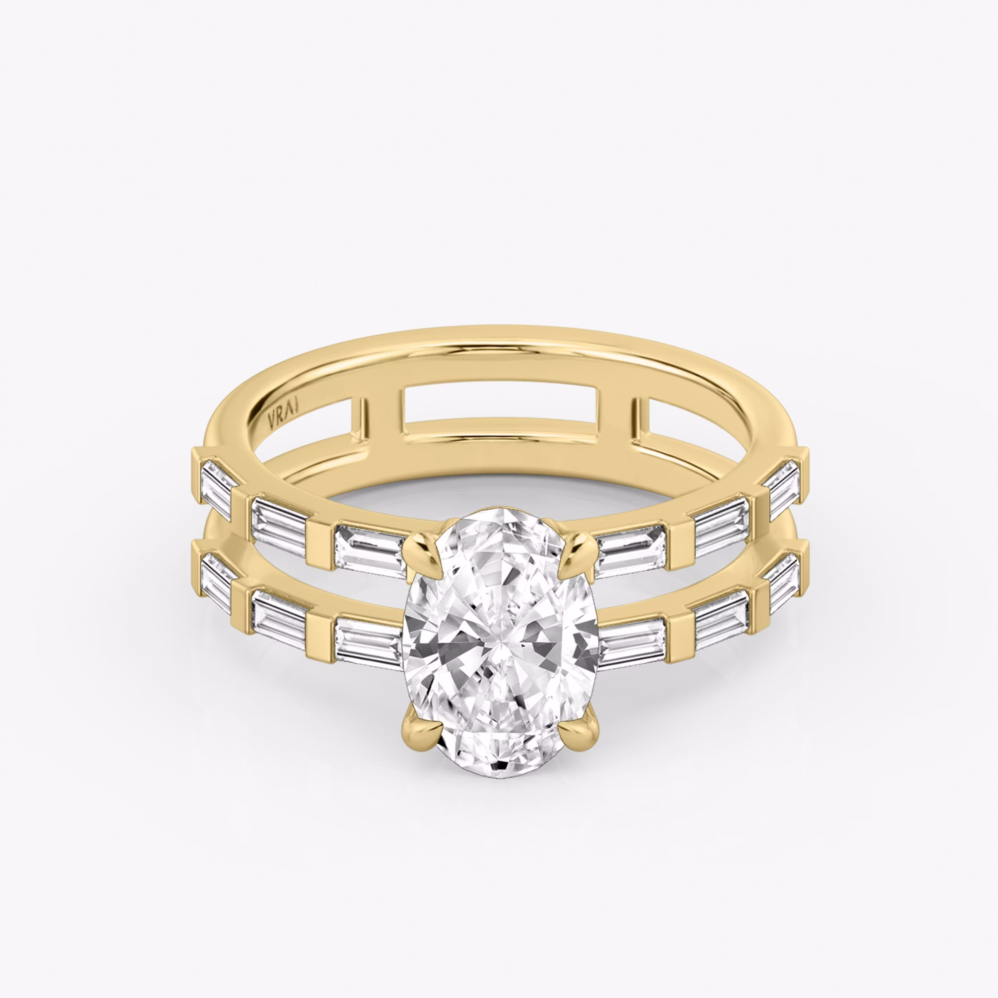 The Double Band | Oval | 18k | Yellow Gold | bandAccent: Pavé | bandStoneShape: Baguette | diamondOrientation: vertical | caratWeight: other