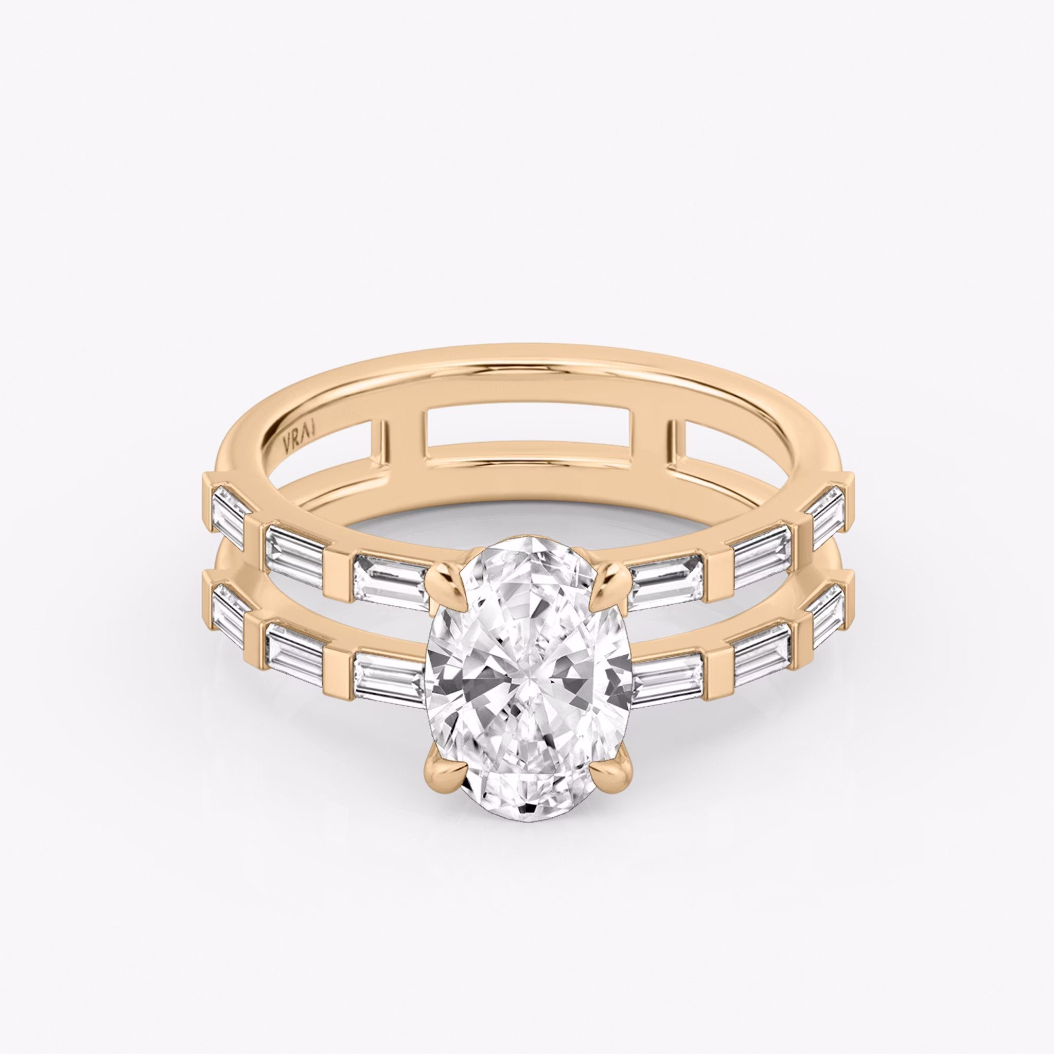 The Double Band | Oval | 14k | Rose Gold | bandAccent: Pavé | bandStoneShape: Baguette | diamondOrientation: vertical | caratWeight: other