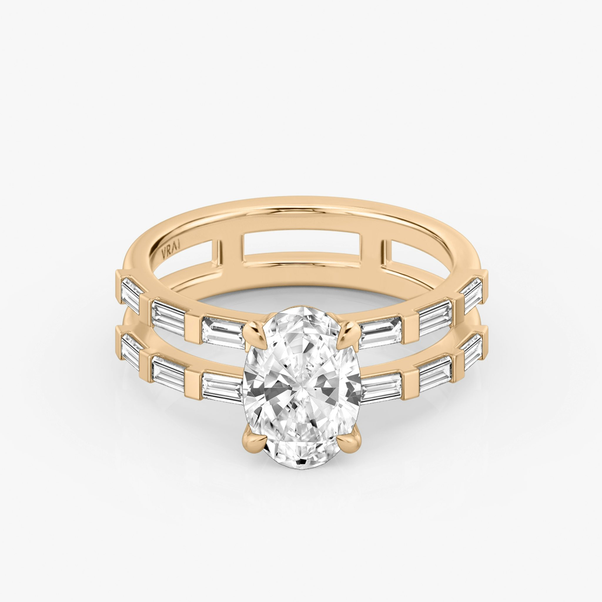 The Double Band | Oval | 14k | Rose Gold | bandAccent: Pavé | bandStoneShape: Baguette | diamondOrientation: vertical | caratWeight: other