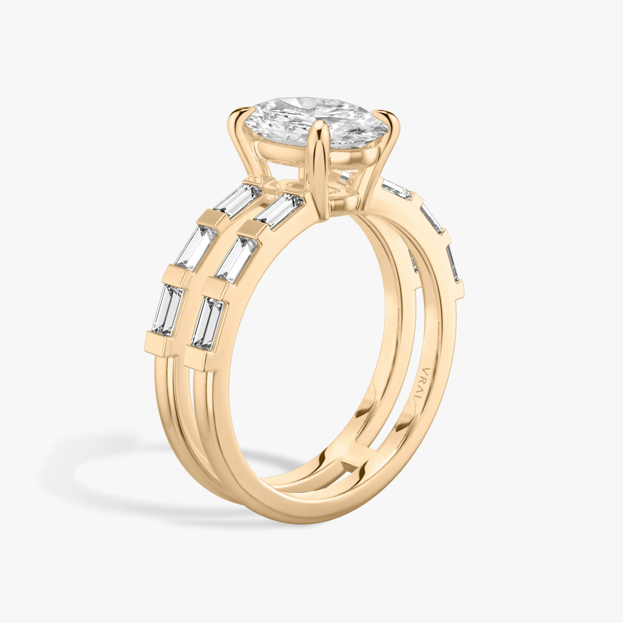 The Double Band | Oval | 14k | Rose Gold | bandAccent: Pavé | bandStoneShape: Baguette | diamondOrientation: vertical | caratWeight: other