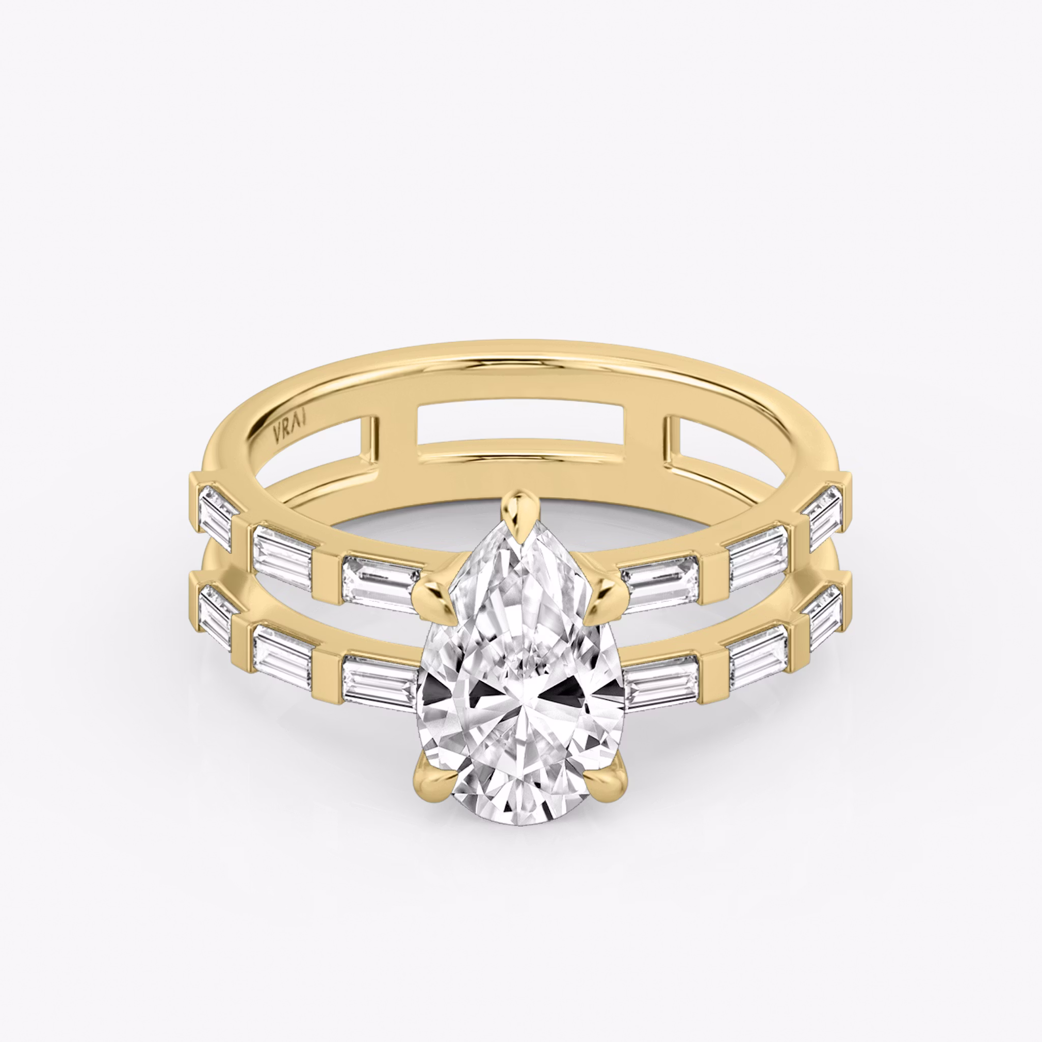 The Double Band | Pear | 18k | Yellow Gold | bandAccent: Pavé | bandStoneShape: Baguette | diamondOrientation: vertical | caratWeight: other