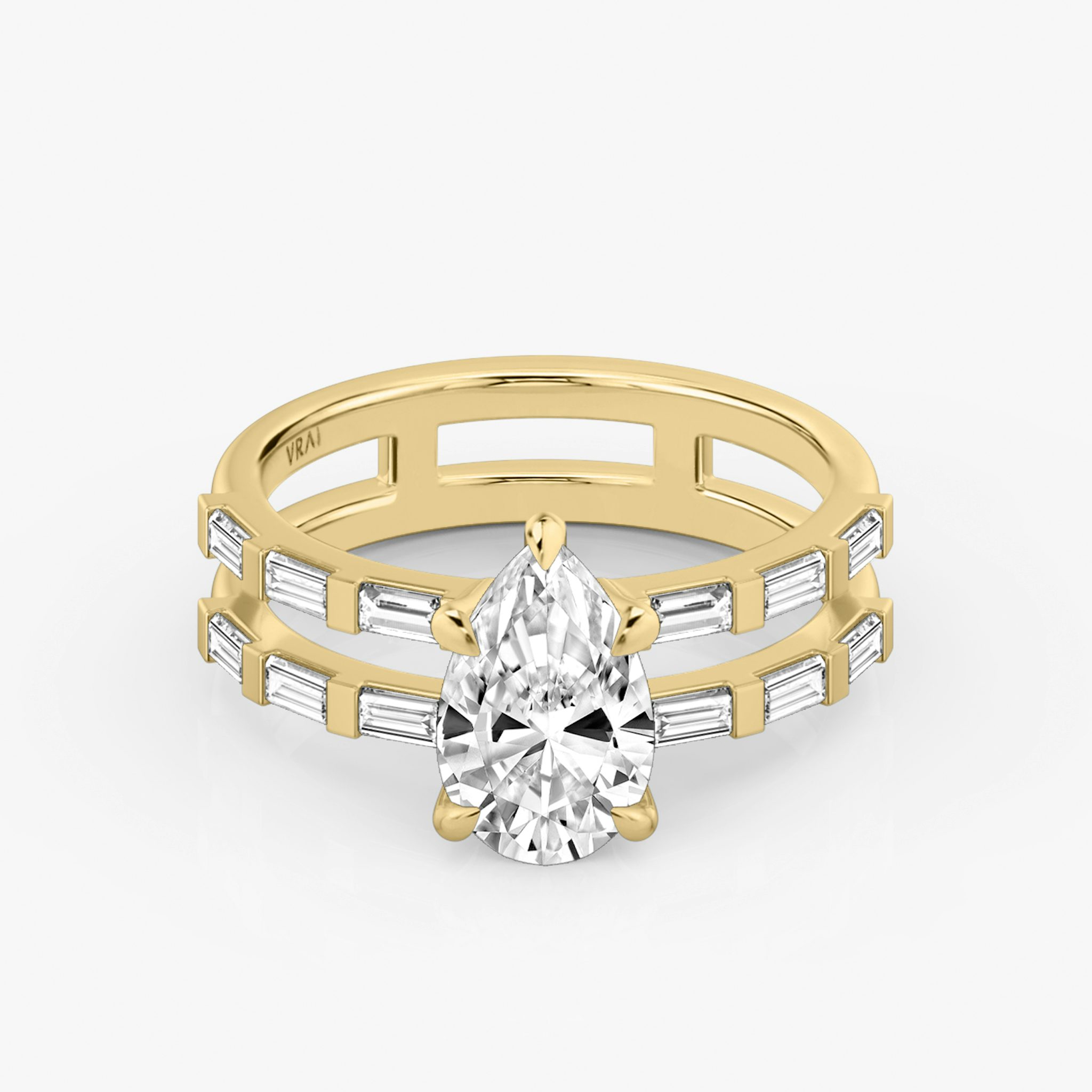 The Double Band | Pear | 18k | Yellow Gold | bandAccent: Pavé | bandStoneShape: Baguette | diamondOrientation: vertical | caratWeight: other
