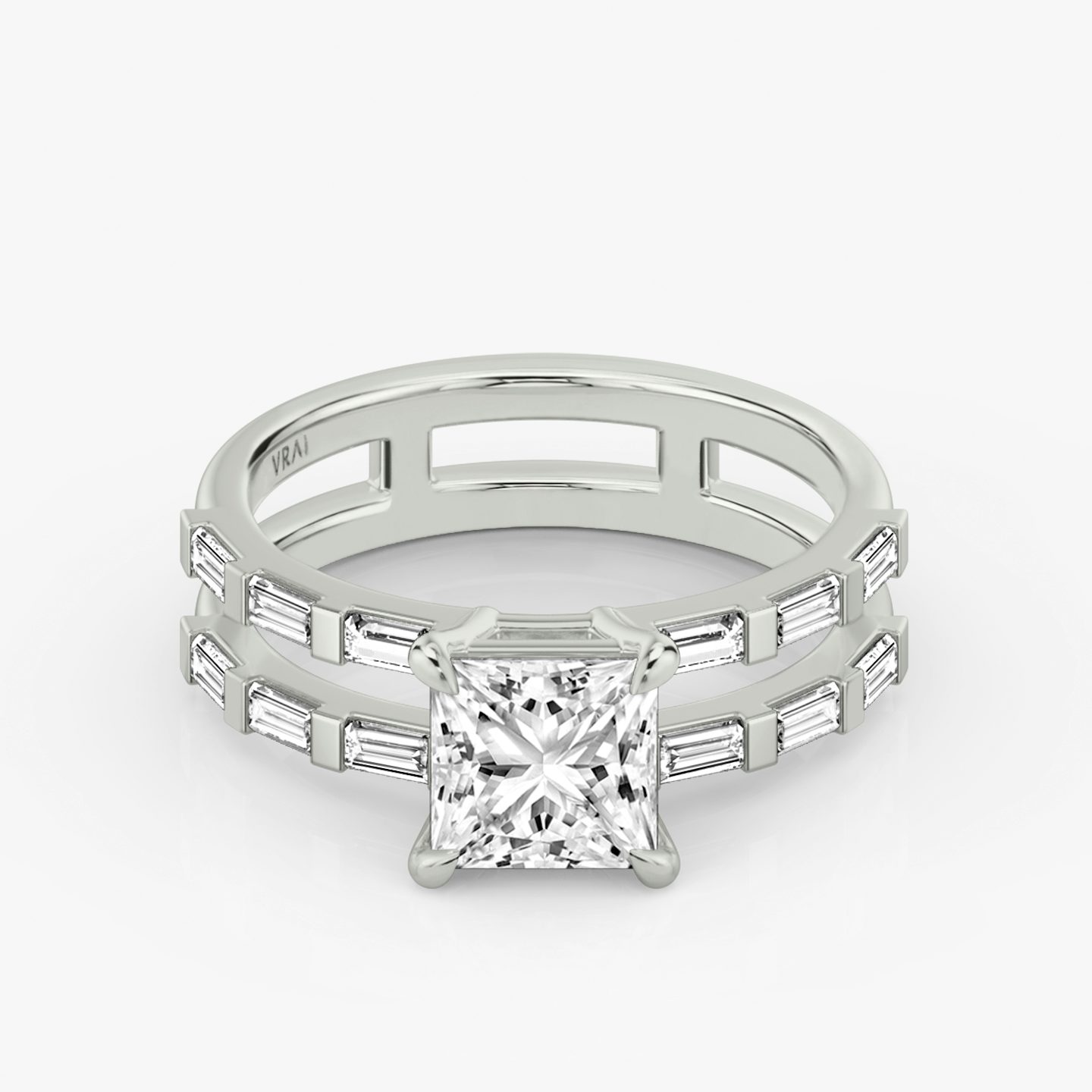 The Double Band | Princess | 18k | White Gold | bandAccent: Pavé | bandStoneShape: Baguette | diamondOrientation: vertical | caratWeight: other
