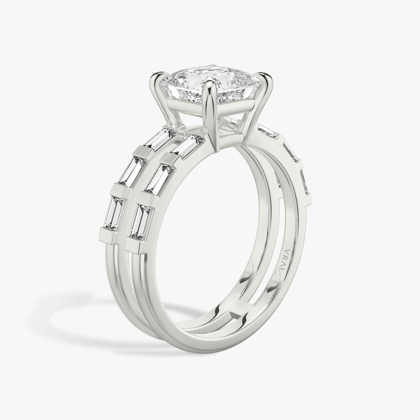 The Double Band | Princess | 18k | White Gold | bandAccent: Pavé | bandStoneShape: Baguette | diamondOrientation: vertical | caratWeight: other