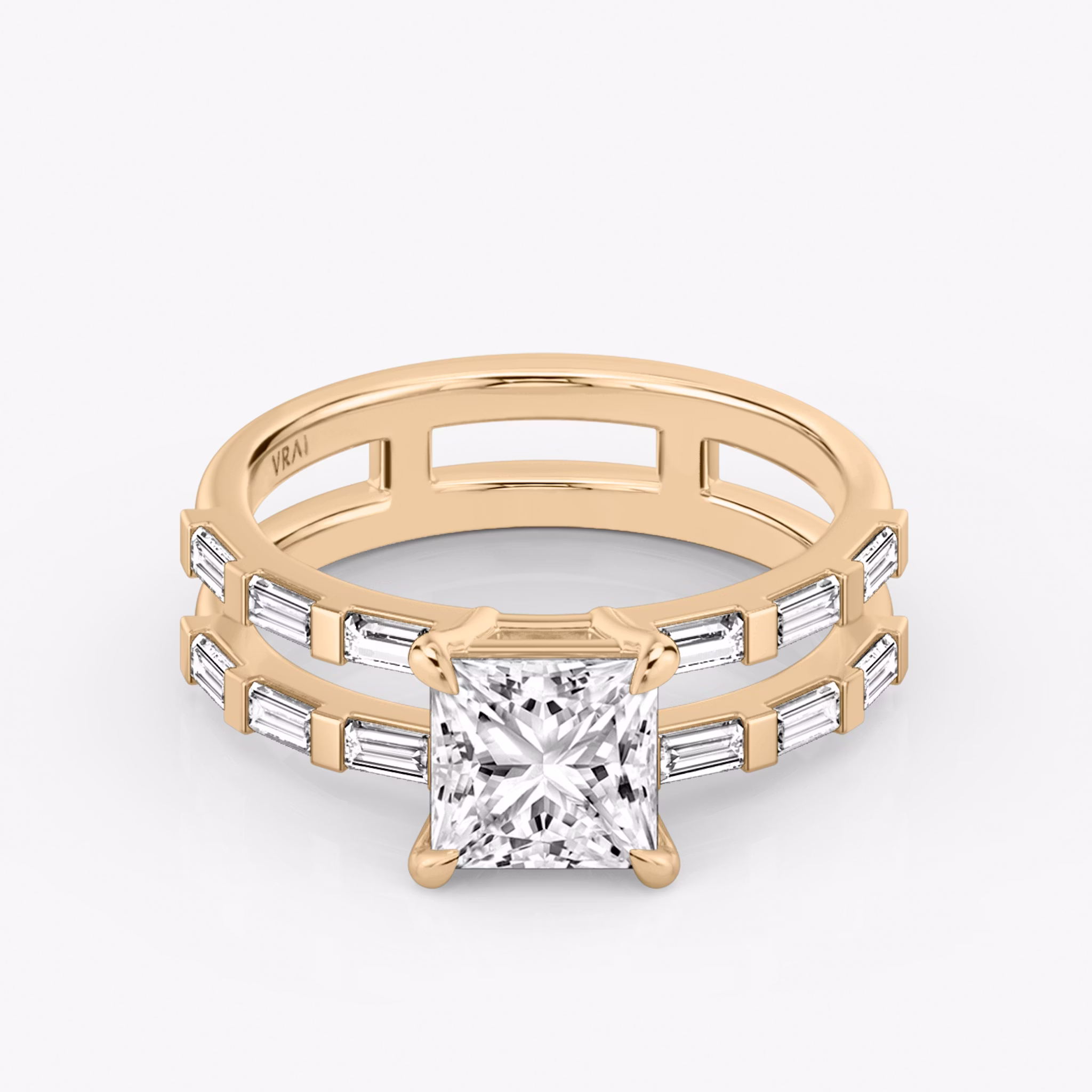 The Double Band | Princess | 14k | Rose Gold | bandAccent: Pavé | bandStoneShape: Baguette | diamondOrientation: vertical | caratWeight: other