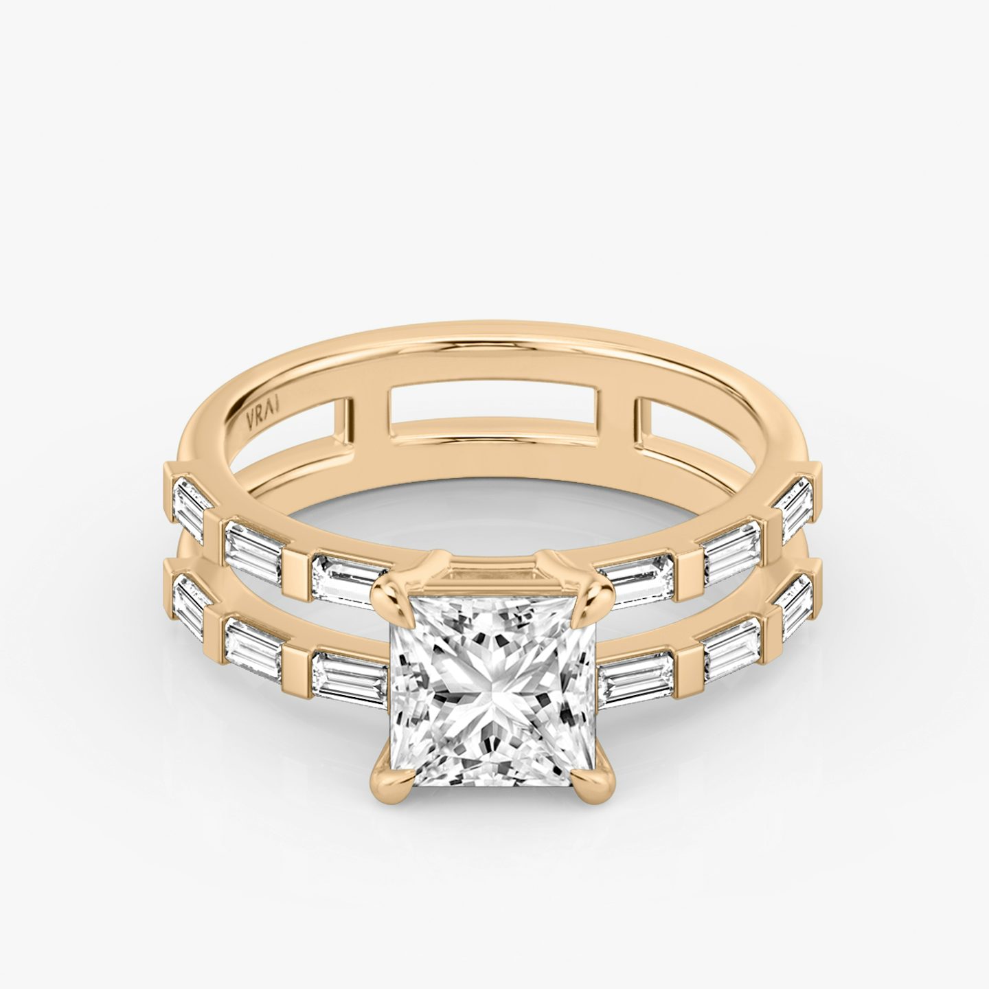 The Double Band | Princess | 14k | Rose Gold | bandAccent: Pavé | bandStoneShape: Baguette | diamondOrientation: vertical | caratWeight: other