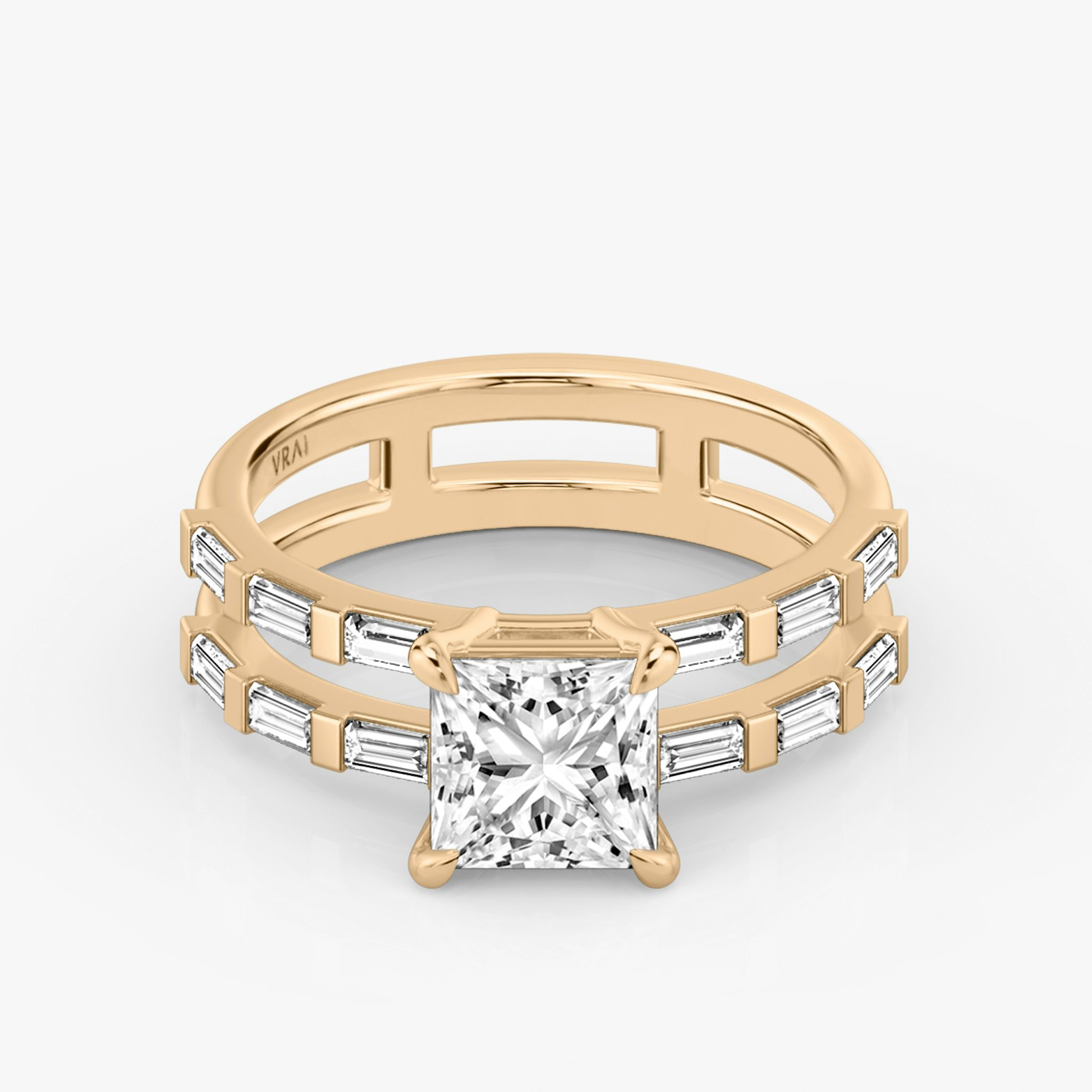 The Double Band | Princess | 14k | Rose Gold | bandAccent: Pavé | bandStoneShape: Baguette | diamondOrientation: vertical | caratWeight: other