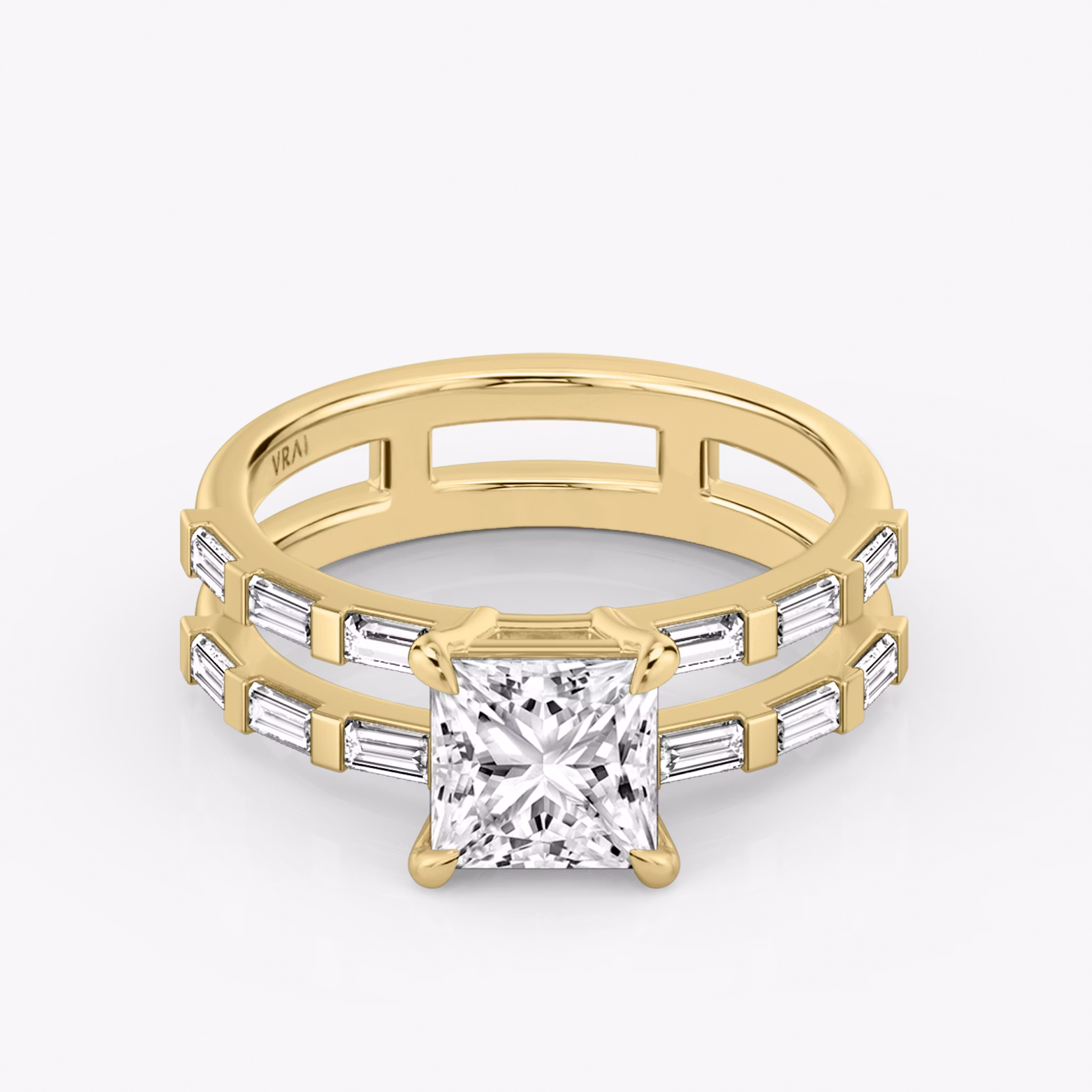 The Double Band | Princess | 18k | Yellow Gold | bandAccent: Pavé | bandStoneShape: Baguette | diamondOrientation: vertical | caratWeight: other
