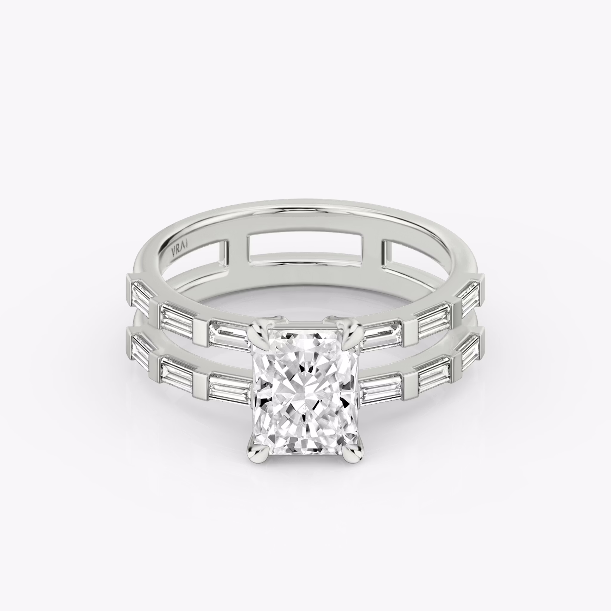 The Double Band | Radiant | Platinum | bandAccent: Pavé | bandStoneShape: Baguette | diamondOrientation: vertical | caratWeight: other
