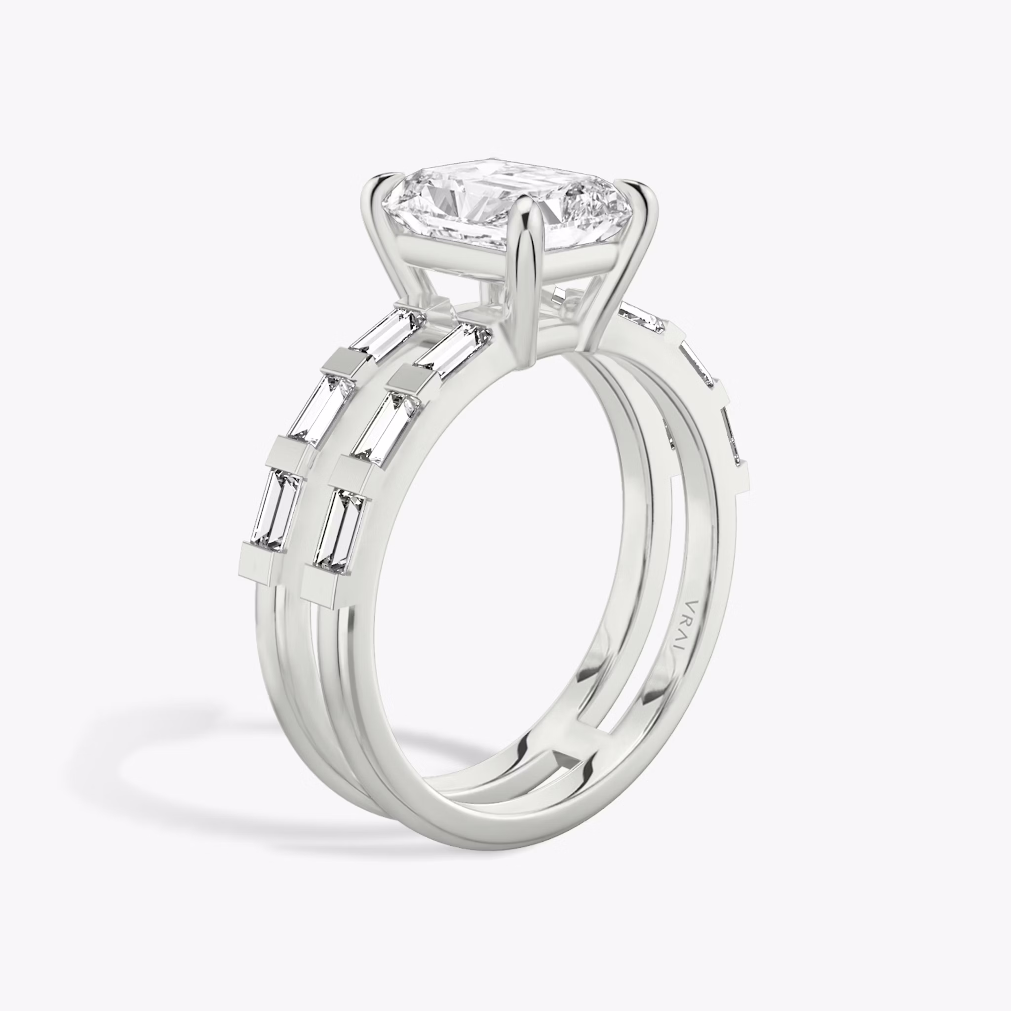The Double Band | Radiant | Platinum | bandAccent: Pavé | bandStoneShape: Baguette | diamondOrientation: vertical | caratWeight: other