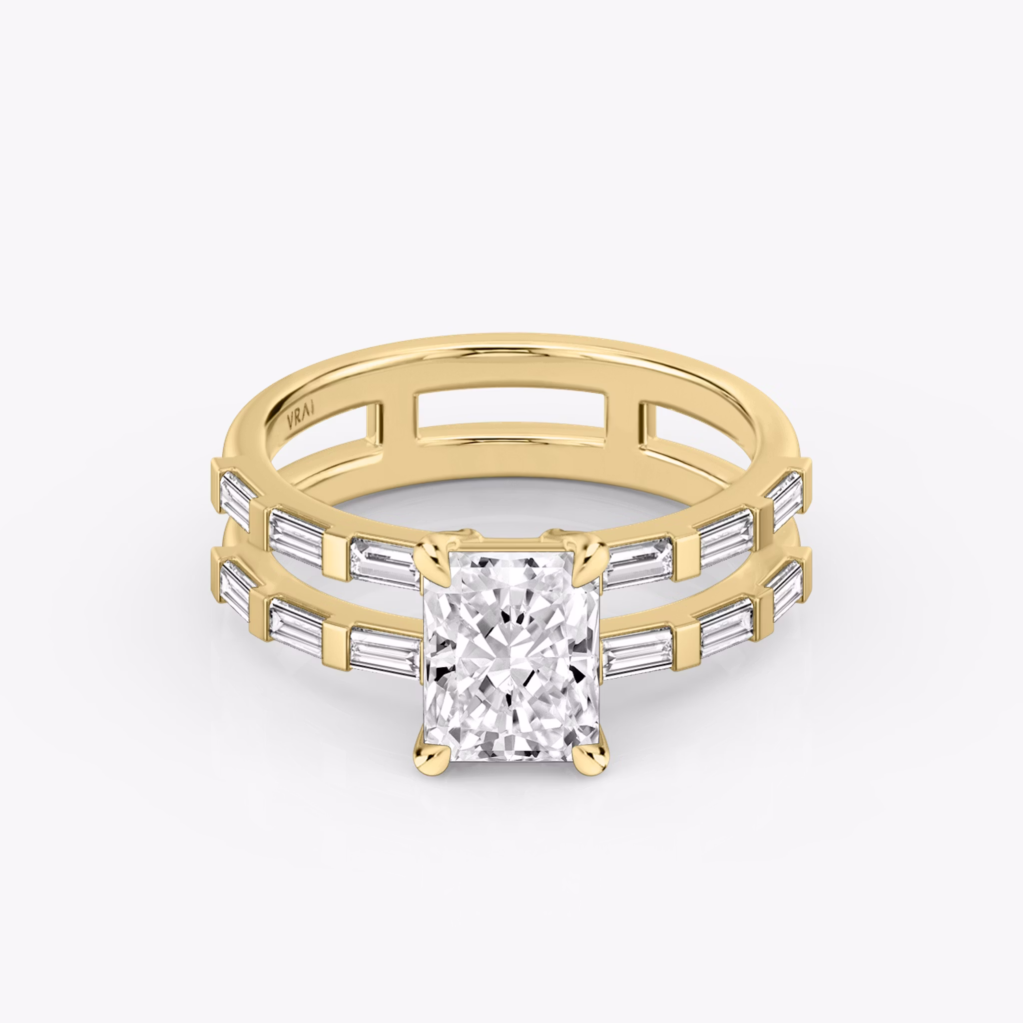 The Double Band | Radiant | 18k | Yellow Gold | bandAccent: Pavé | bandStoneShape: Baguette | diamondOrientation: vertical | caratWeight: other