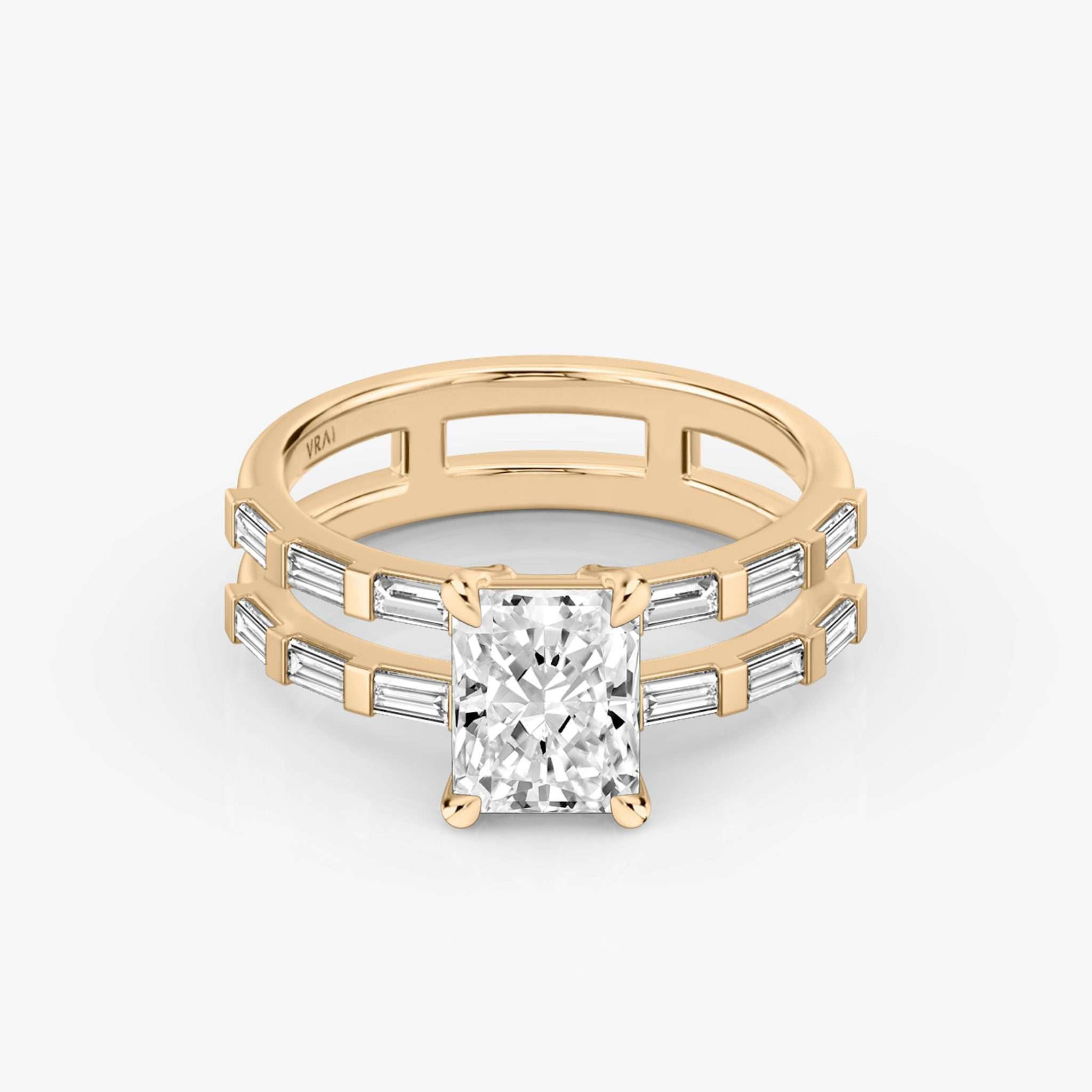 The Double Band | Radiant | 14k | Rose Gold | bandAccent: Pavé | bandStoneShape: Baguette | diamondOrientation: vertical | caratWeight: other
