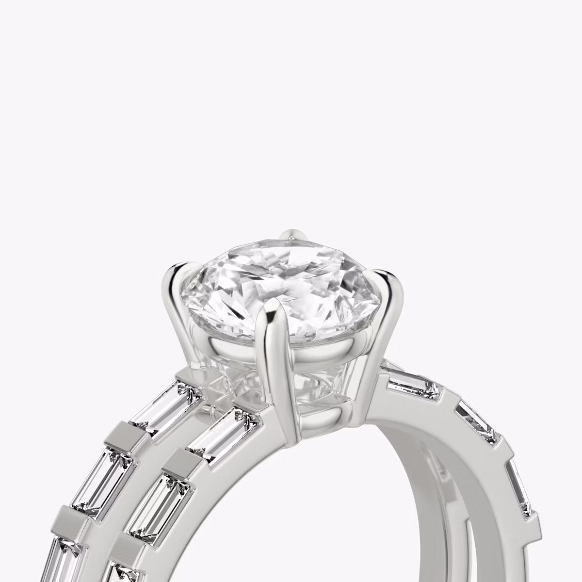 The Double Band | Round Brilliant | Platinum | bandAccent: Pavé | bandStoneShape: Baguette | caratWeight: 1.5ct | diamondOrientation: vertical