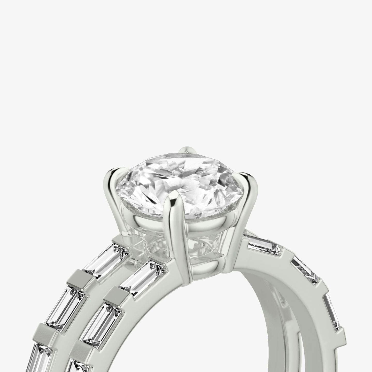 The Double Band | Round Brilliant | Platinum | bandAccent: Pavé | bandStoneShape: Baguette | caratWeight: 2.0ct | diamondOrientation: vertical