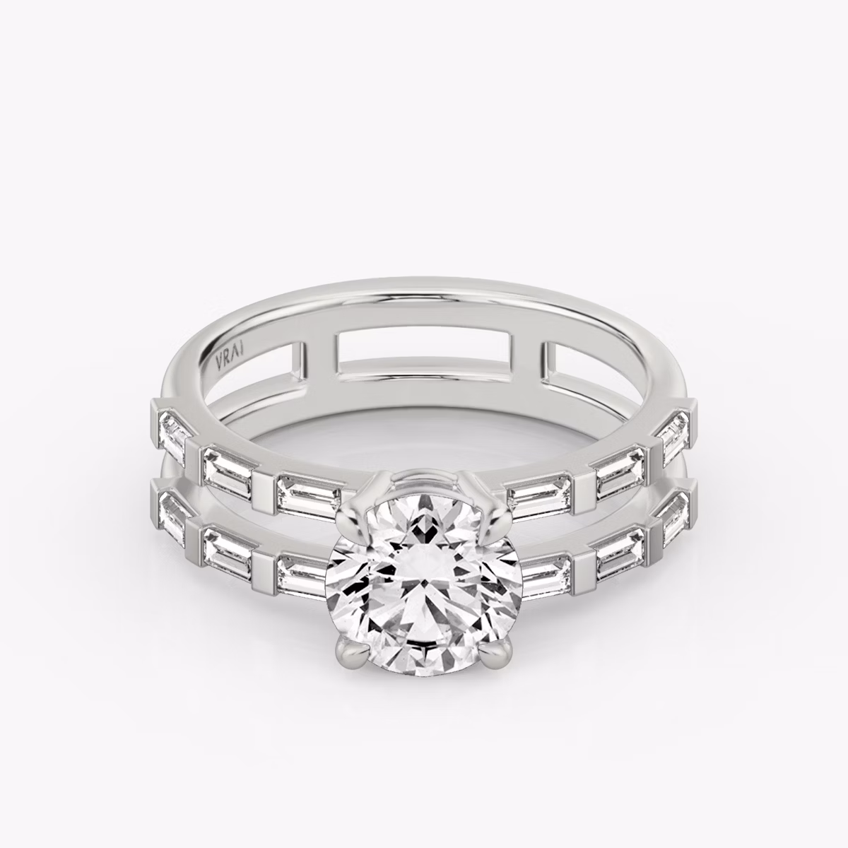 The Double Band | Round Brilliant | Platinum | bandAccent: Pavé | bandStoneShape: Baguette | caratWeight: 1.5ct | diamondOrientation: vertical