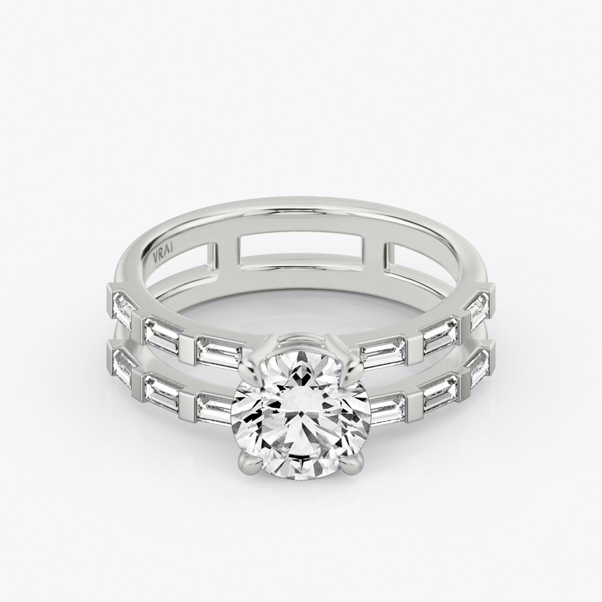 The Double Band | Round Brilliant | Platinum | bandAccent: Pavé | bandStoneShape: Baguette | caratWeight: 1.0ct | diamondOrientation: vertical