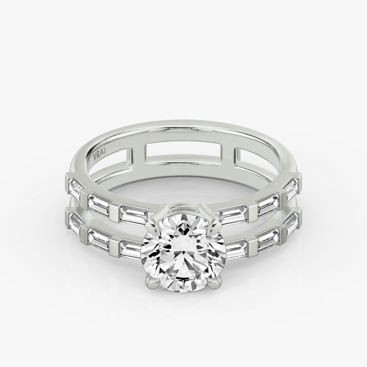 The Double Band | Round Brilliant | Platinum | bandAccent: Pavé | bandStoneShape: Baguette | caratWeight: 2.0ct | diamondOrientation: vertical