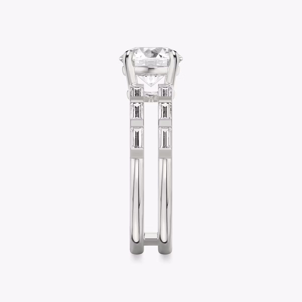 The Double Band | Round Brilliant | Platinum | bandAccent: Pavé | bandStoneShape: Baguette | caratWeight: 1.5ct | diamondOrientation: vertical
