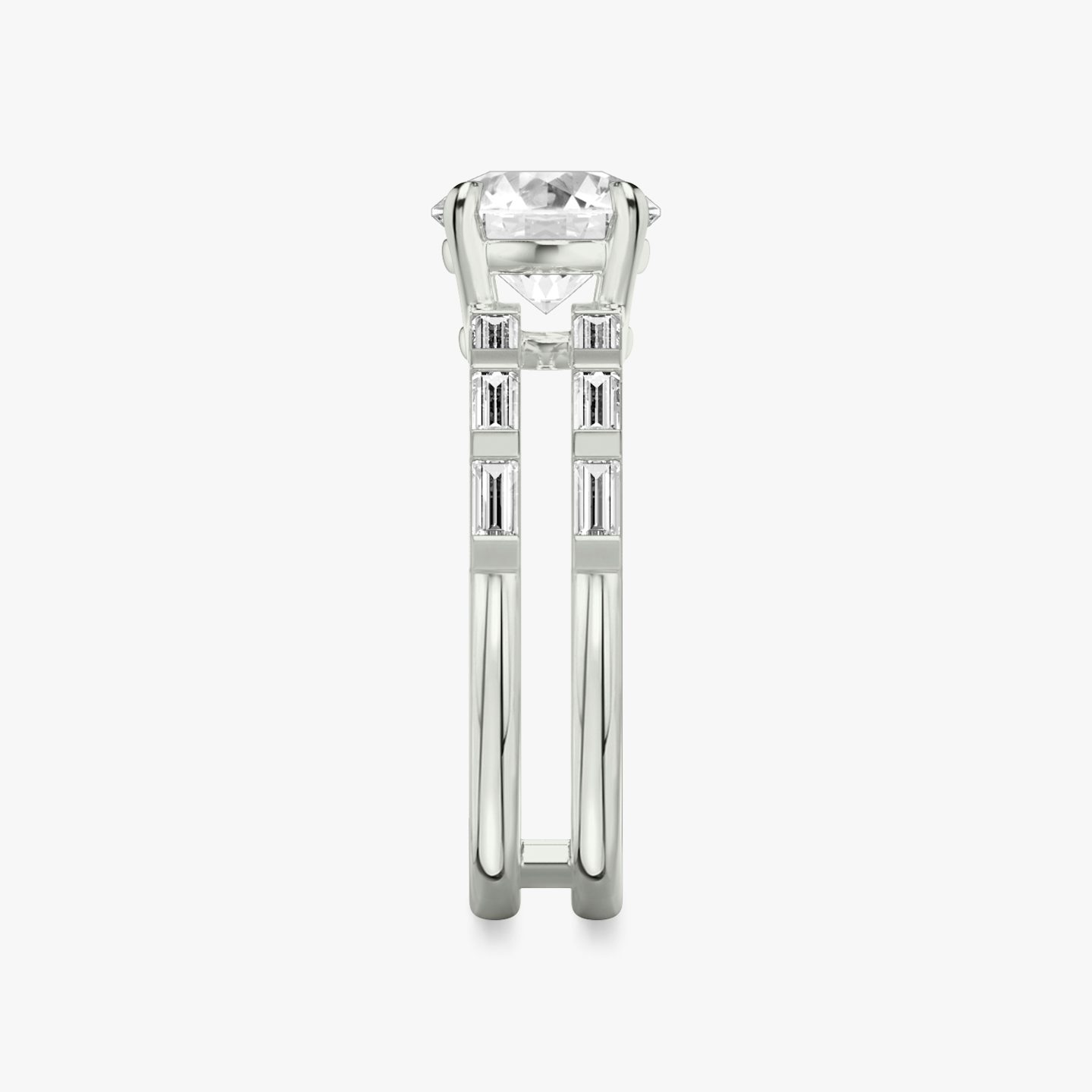 The Double Band | Round Brilliant | Platinum | bandAccent: Pavé | bandStoneShape: Baguette | caratWeight: 2.0ct | diamondOrientation: vertical