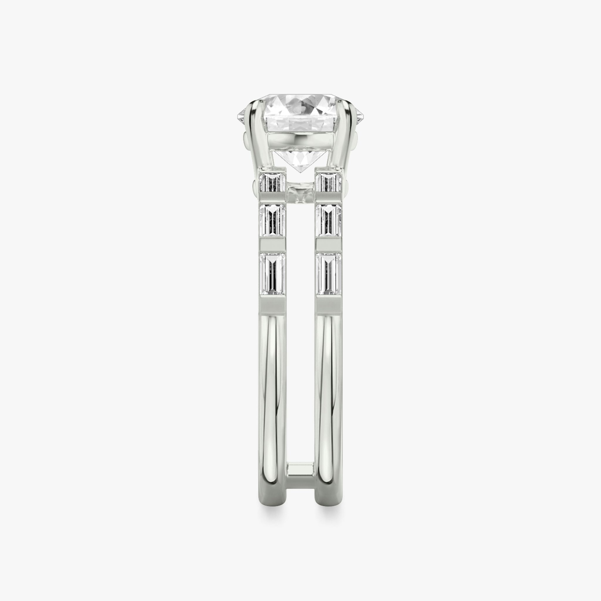 The Double Band | Round Brilliant | Platinum | bandAccent: Pavé | bandStoneShape: Baguette | caratWeight: 1.0ct | diamondOrientation: vertical