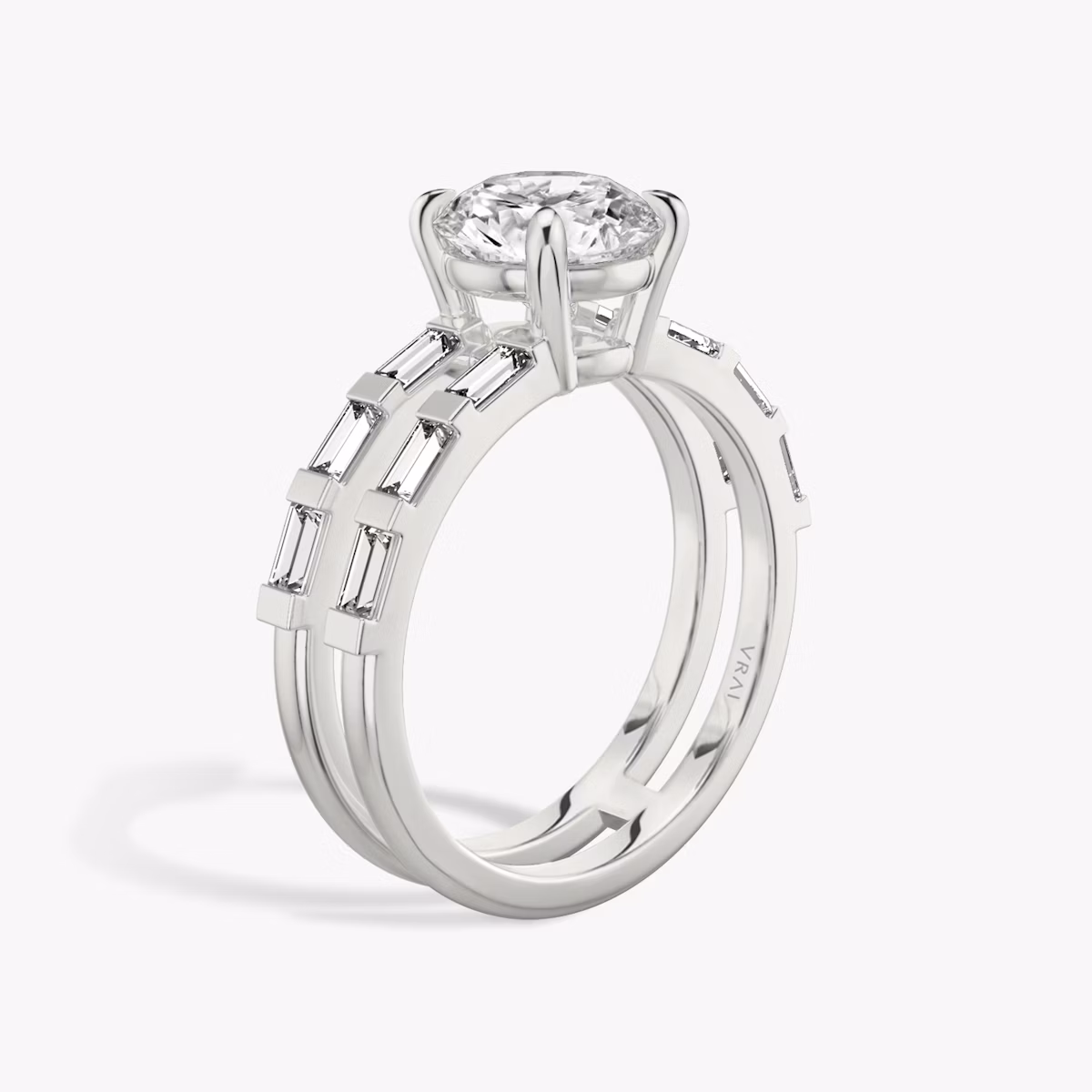 The Double Band | Round Brilliant | Platinum | bandAccent: Pavé | bandStoneShape: Baguette | caratWeight: 1.5ct | diamondOrientation: vertical