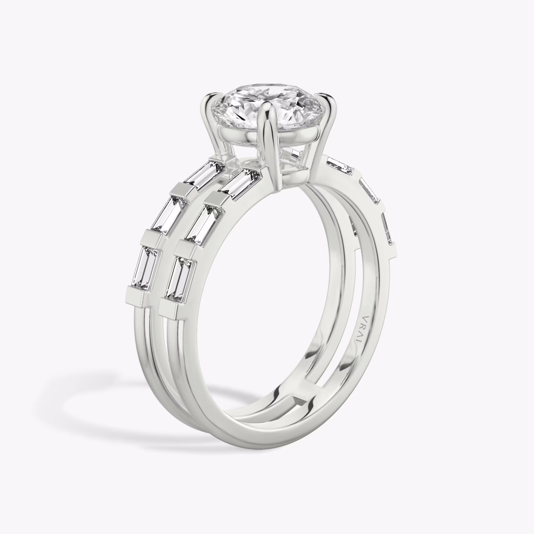 The Double Band | Round Brilliant | Platinum | bandAccent: Pavé | bandStoneShape: Baguette | caratWeight: 1.0ct | diamondOrientation: vertical
